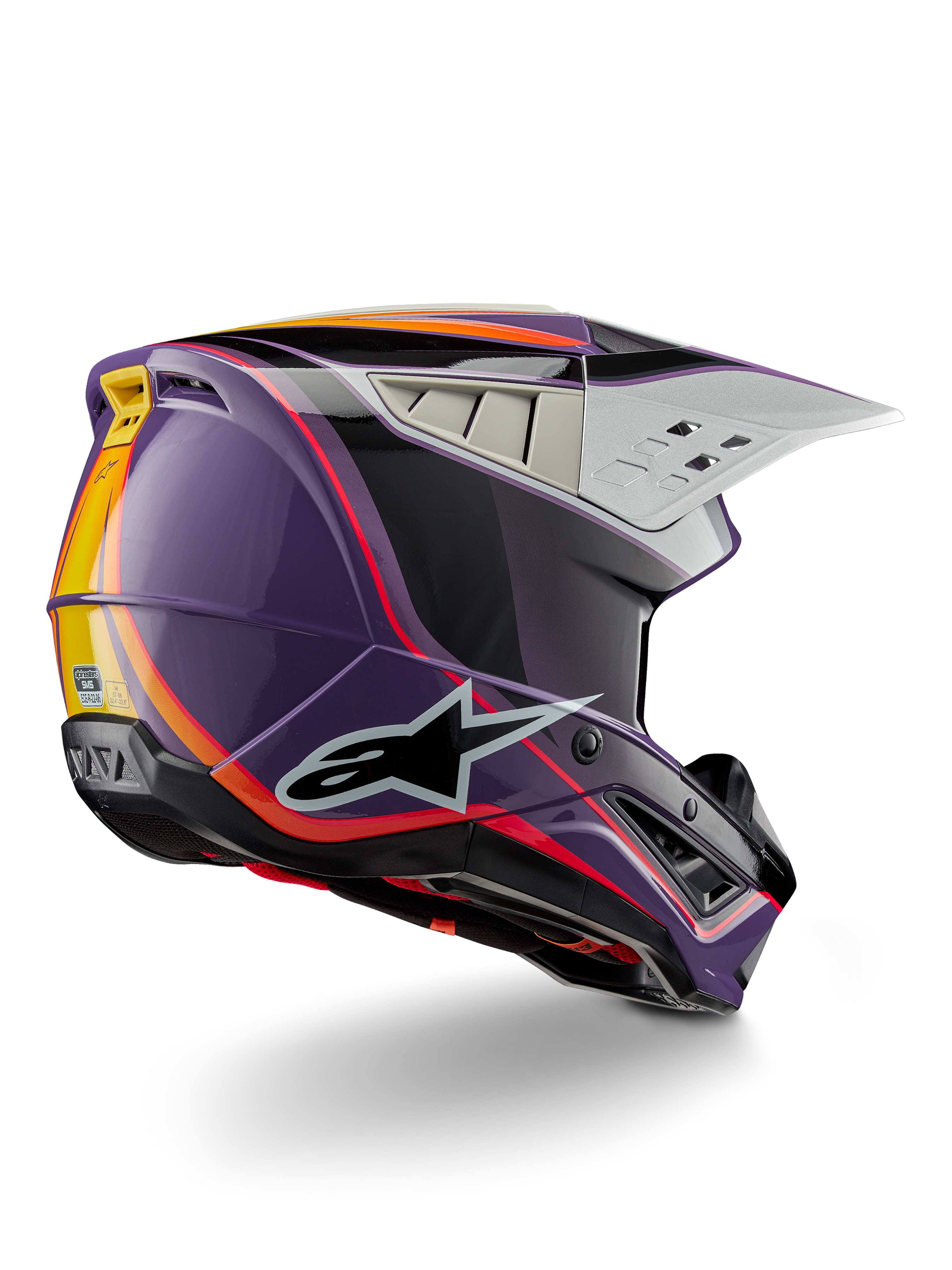 Alpinestars S-M5 Sail Helmet ECE, Motocross Helmet, Violet Black Silver Glossy, featuring orange and yellow stripe accents, large black star logo, aerodynamic profile with rear ventilation ports, glossy finish for off-road racing