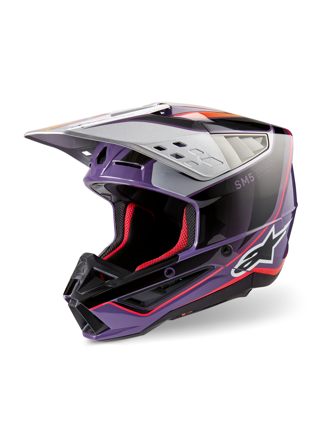 Alpinestars S-M5 Sail Helmet ECE, Motocross Helmet, Violet Black and Silver Glossy, featuring red interior padding and accents, glossy finish with bold Alpinestars logo, aerodynamic silver visor, professional off-road protective gear