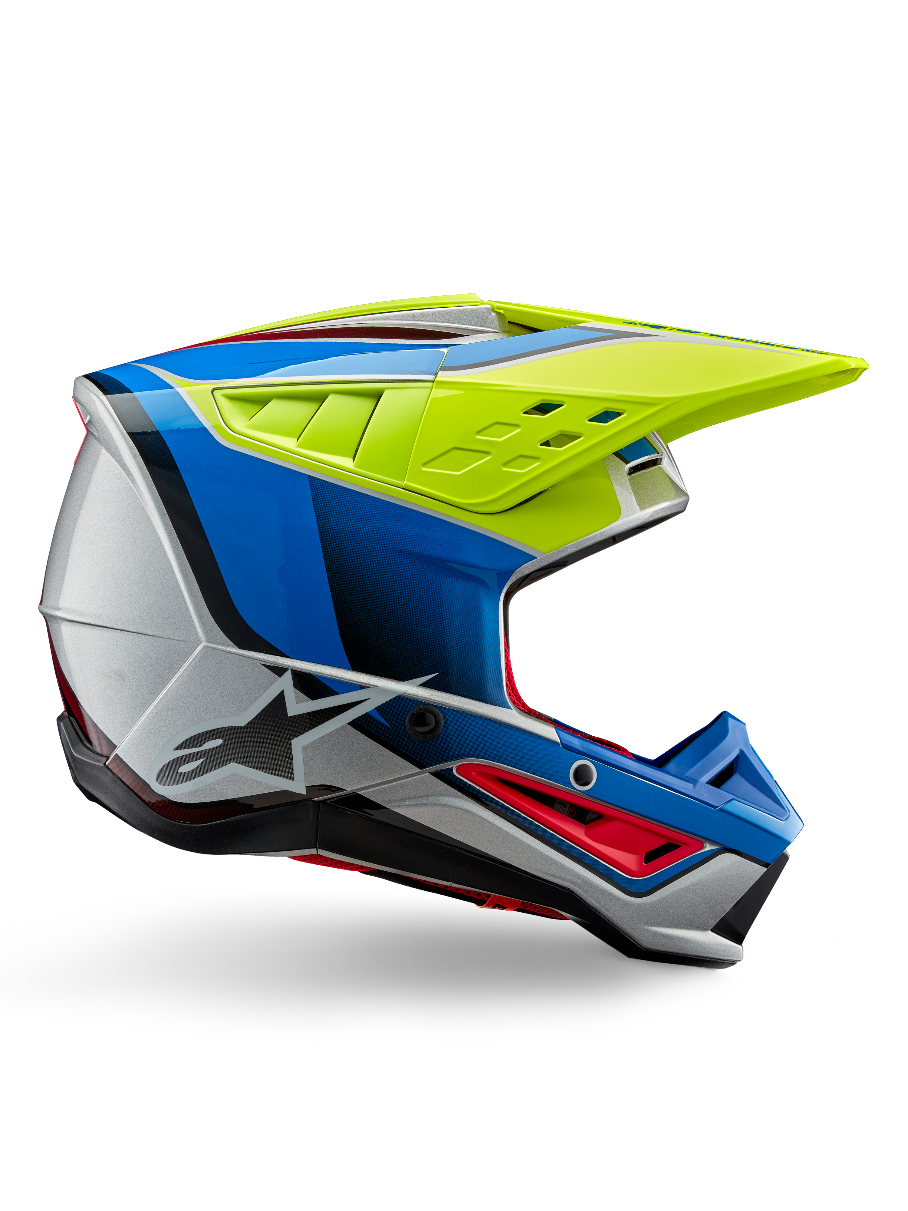 Alpinestars S-M5 Sail Helmet ECE, Motocross Helmet, Yellow Fluo, Enamel Blue, and Silver Glossy, side profile with red accents and black star logo, angular design with ventilation ports, professional off-road racing protection