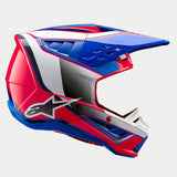 Alpinestars S-M5 Sail Helmet ECE, Motocross Helmet, White Diva Pink and Enamel Blue glossy graphics, side profile view with aerodynamic visor and ventilation ports, bold Alpinestars star logo