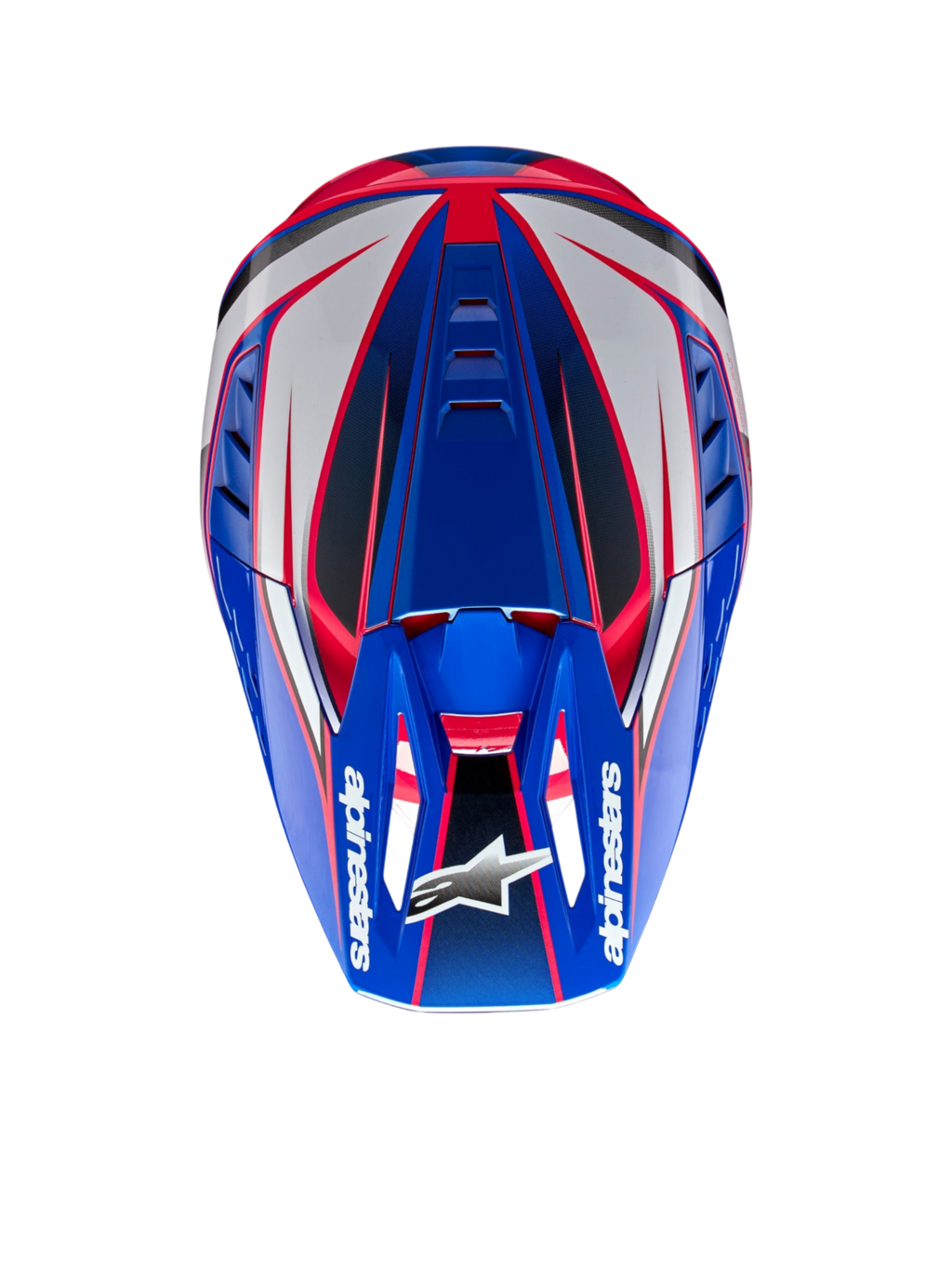 Alpinestars S-M5 Sail Helmet, Motocross Helmet, Enamel Blue, White and Diva Pink, top view showing aerodynamic shell and ECE 22.06 certification.