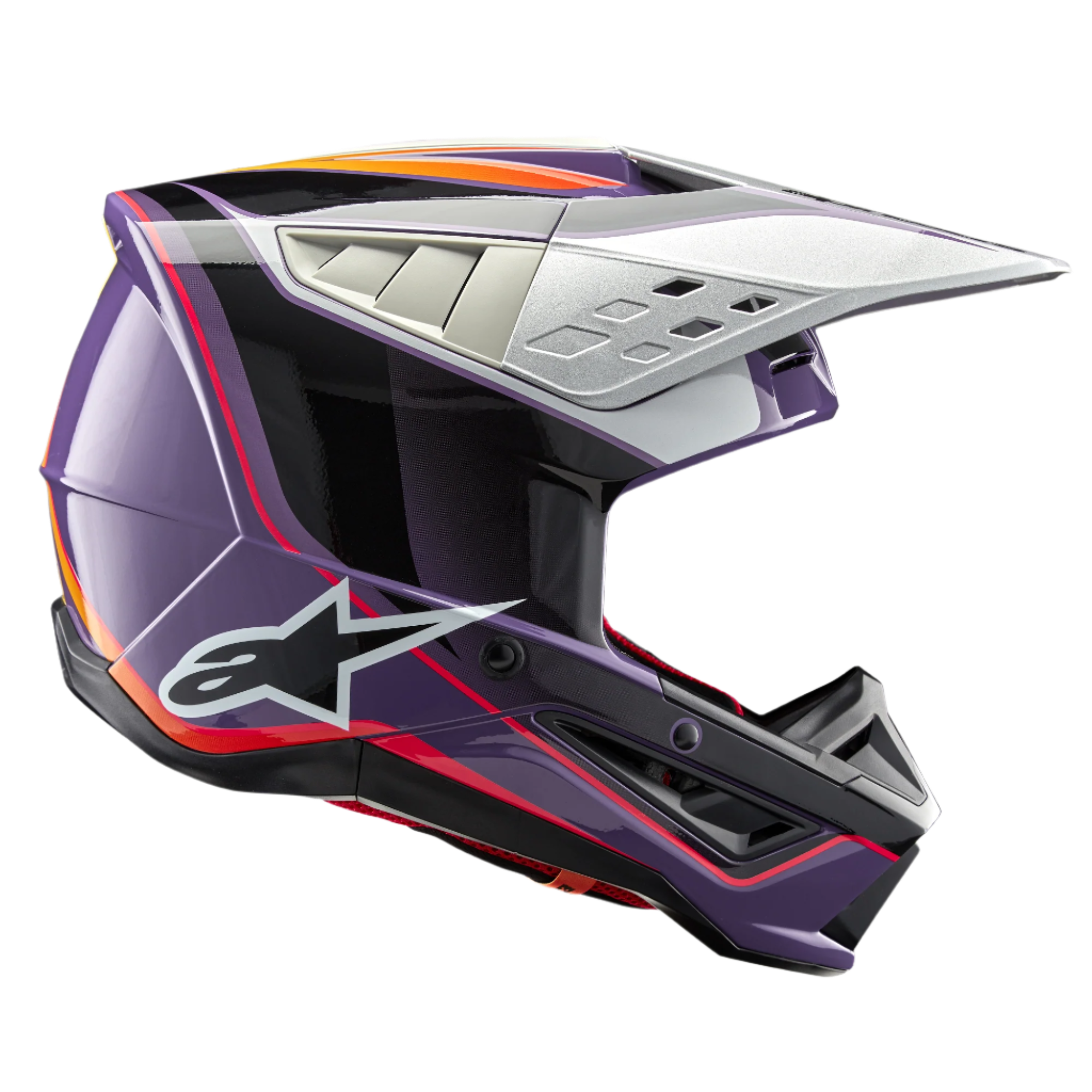 Alpinestars S-M5 Sail Helmet ECE, Motocross Helmet, Violet Black and Silver Glossy, featuring bold orange and red graphics, silver ventilated visor, aerodynamic shell with white star logo, professional off-road racing protection
