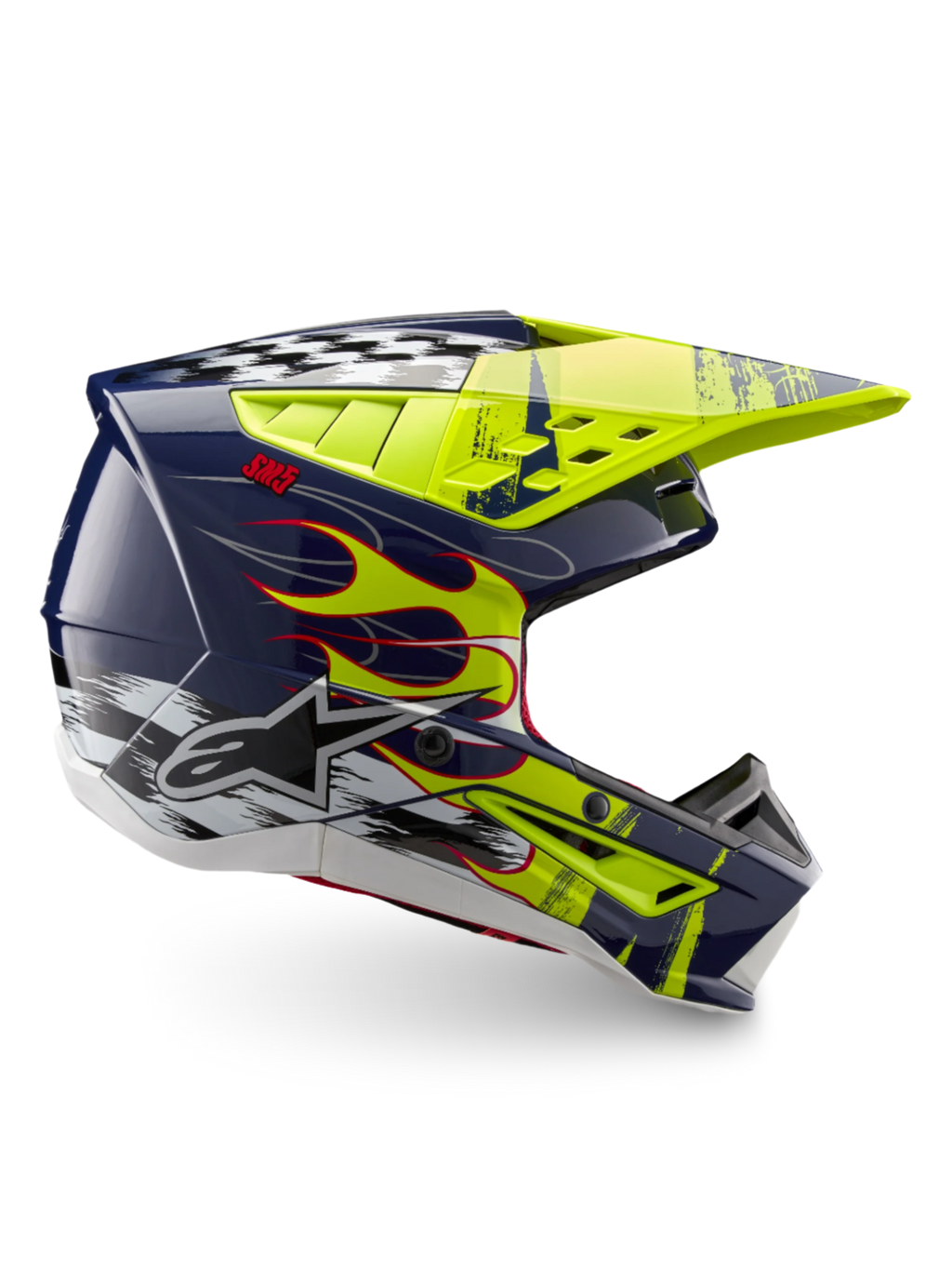 Alpinestars S-M5 Rash Helmet ECE 22.06, Motocross Helmet in Night Navy and Yellow Fluo Glossy featuring flame graphics and Alpinestars logo, optimized for off-road racing protection.