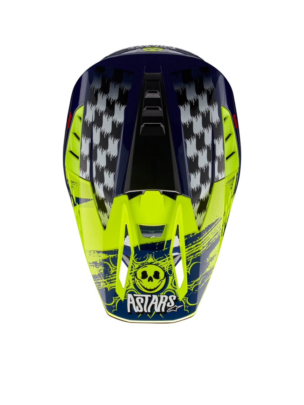 Alpinestars S-M5 Rash Helmet, Motocross Helmet in Night Navy and Yellow Fluo with checkered graphics and Astars skull logo.