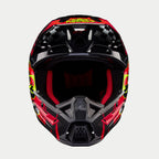 Alpinestars S-M5 Rash Helmet ECE, Motocross Helmet, Dark Gray and Bright Red Glossy with neon yellow accents, front view showing the chin bar and red mesh interior padding, aerodynamic shell with bold graphic design for off-road racing