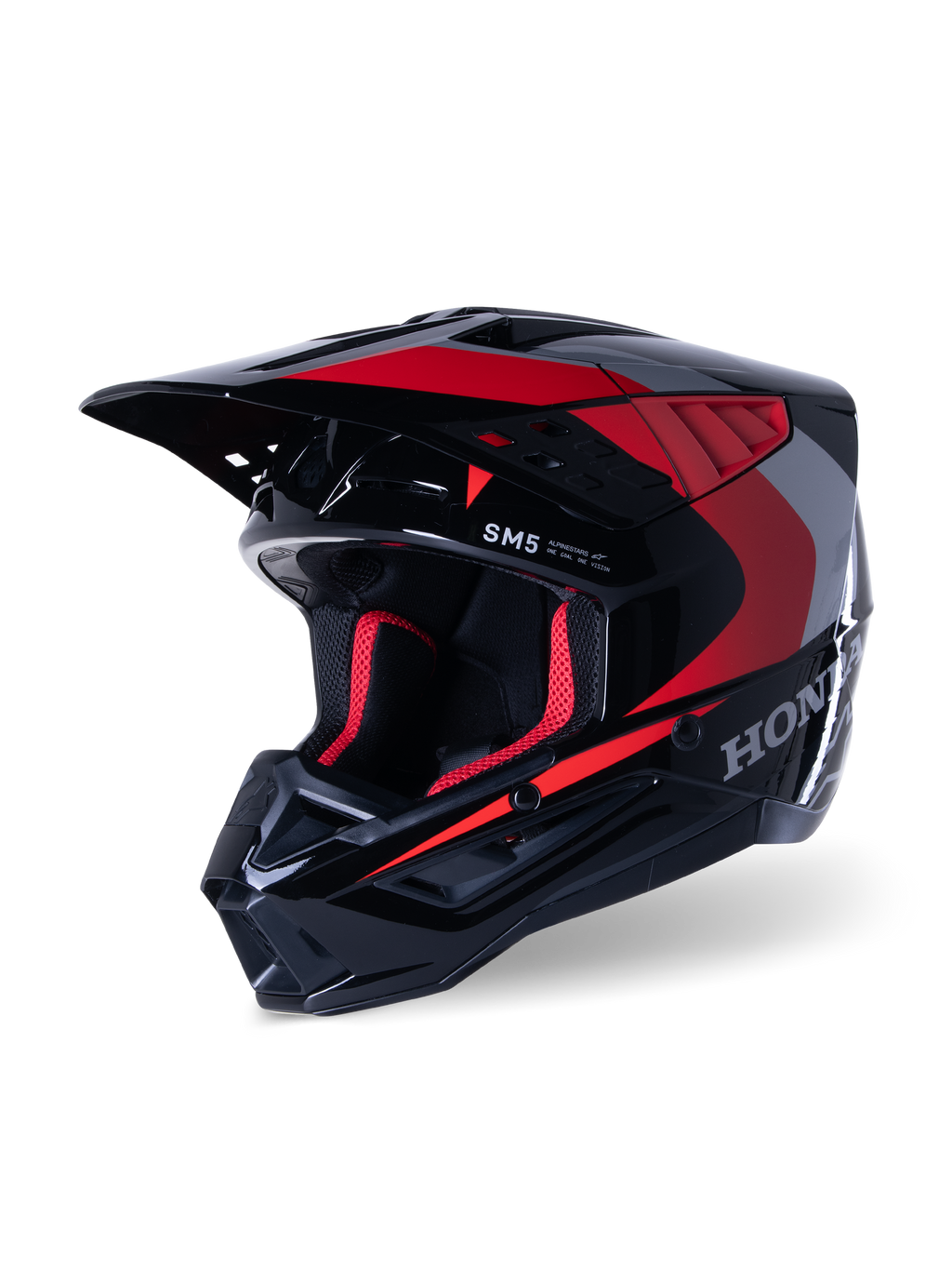 Alpinestars Honda S-M5 Helmet, Motocross Helmet, Black Red Glossy, featuring silver Honda graphics and SM5 logo, aerodynamic profile with large air intakes and an adjustable peak, designed for off-road racing