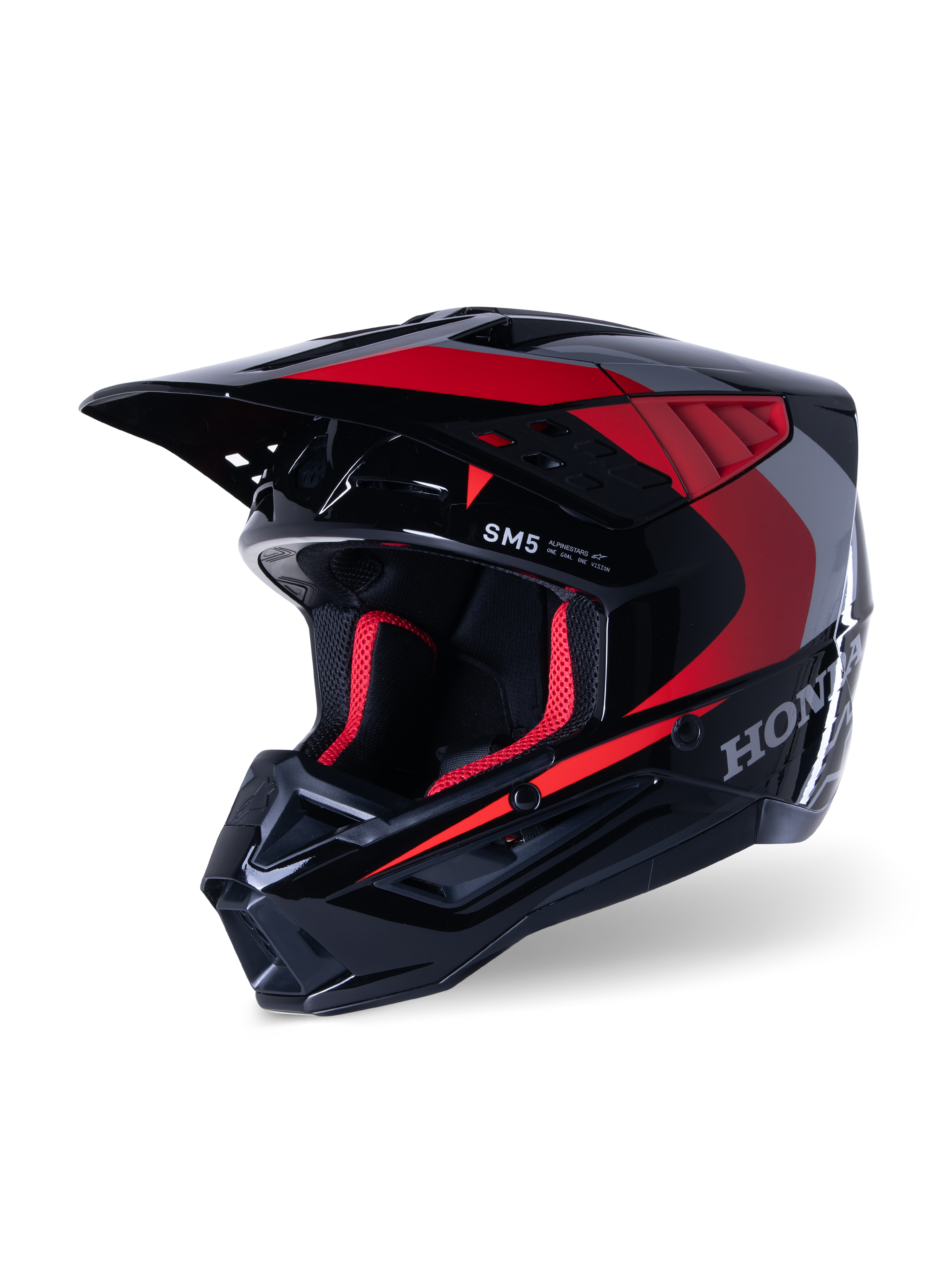 Alpinestars Honda S-M5 Helmet, Motocross Helmet, Black Red Glossy, featuring silver Honda graphics and SM5 logo, aerodynamic profile with large air intakes and an adjustable peak, designed for off-road racing