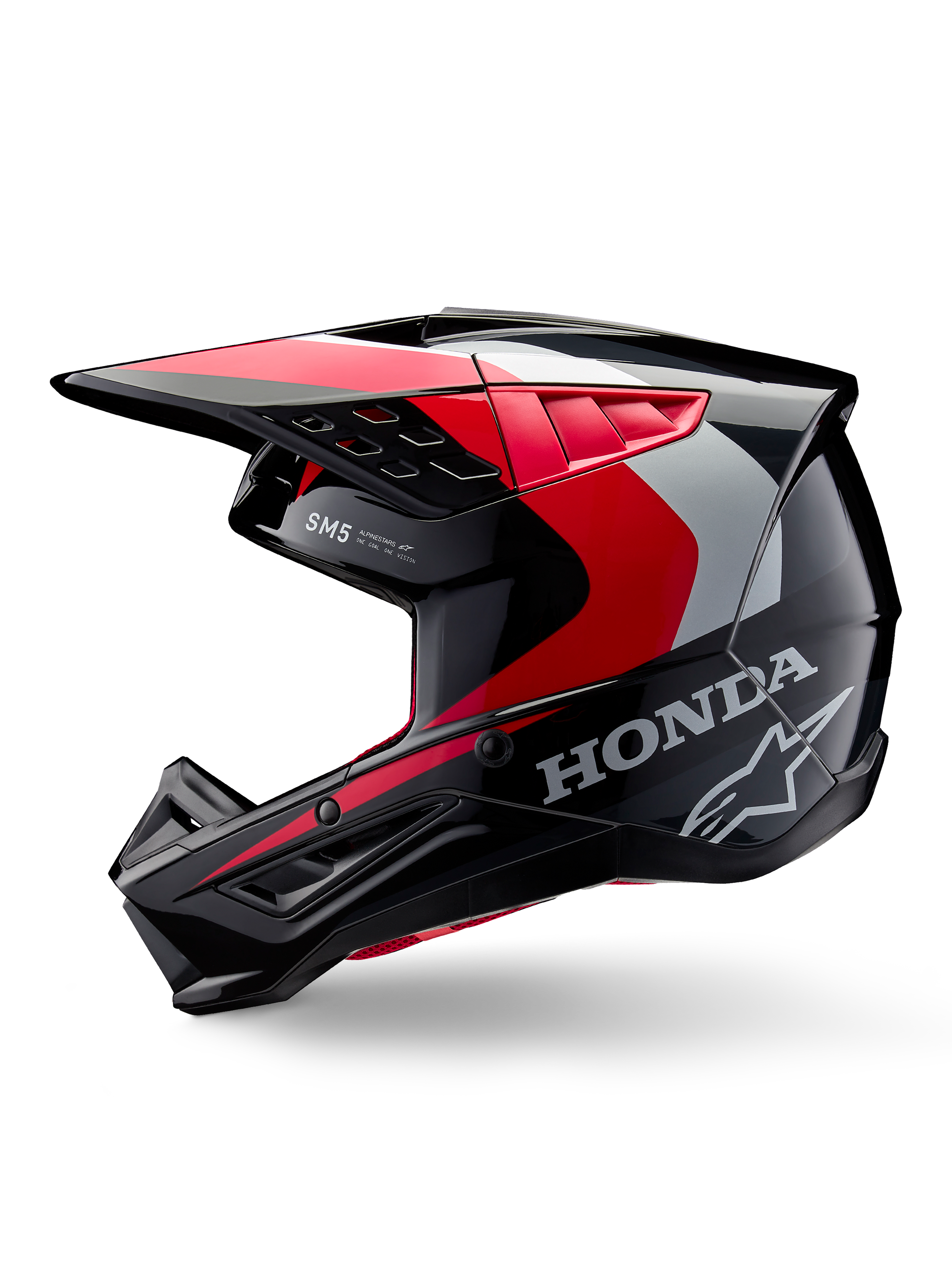 Alpinestars Honda S-M5 Helmet, Motocross Helmet, Black Red and Silver Glossy, side profile view with Honda branding and Alpinestars star logo, sleek design with integrated peak and ventilation ports for off-road performance