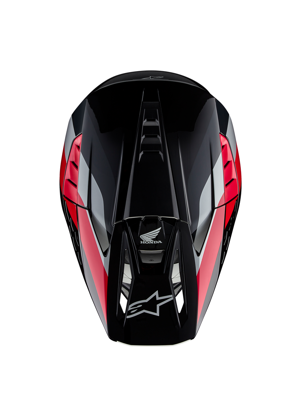 Honda S-M5 Helmet ECE, Motocross Helmet, Black Red Glossy with red and silver graphic stripes, top-down view showing aerodynamic shell and ventilated peak, Alpinestars and Honda logos, high-performance off-road gear