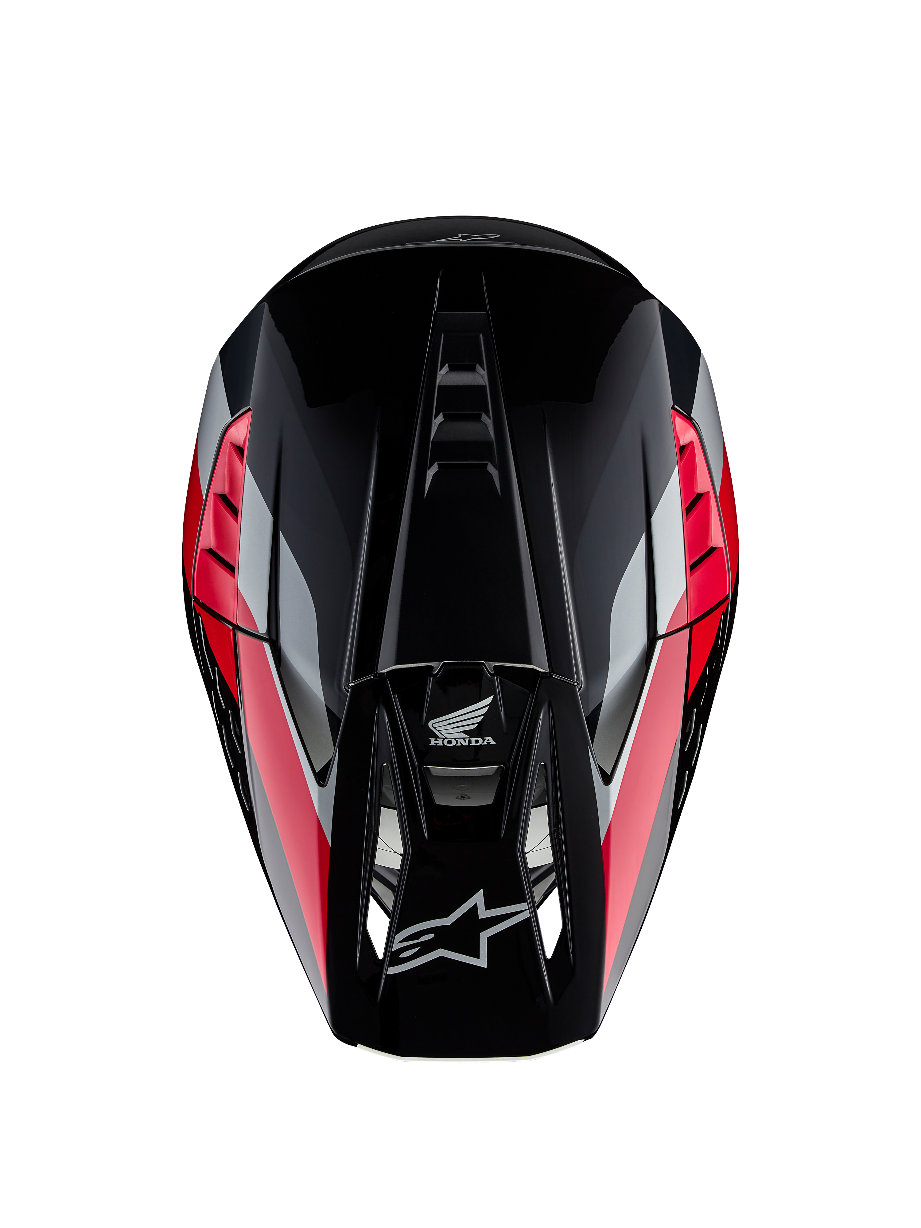 Honda S-M5 Helmet ECE, Motocross Helmet, Black Red Glossy with red and silver graphic stripes, top-down view showing aerodynamic shell and ventilated peak, Alpinestars and Honda logos, high-performance off-road gear