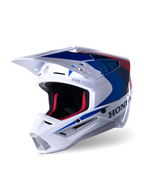 Alpinestars Honda S-M5 Helmet ECE, Motocross Helmet, White Blue and Red Glossy, featuring bold Honda branding on the side, red mesh interior padding, aerodynamic visor with integrated air vents, sleek graphic design for off-road racing