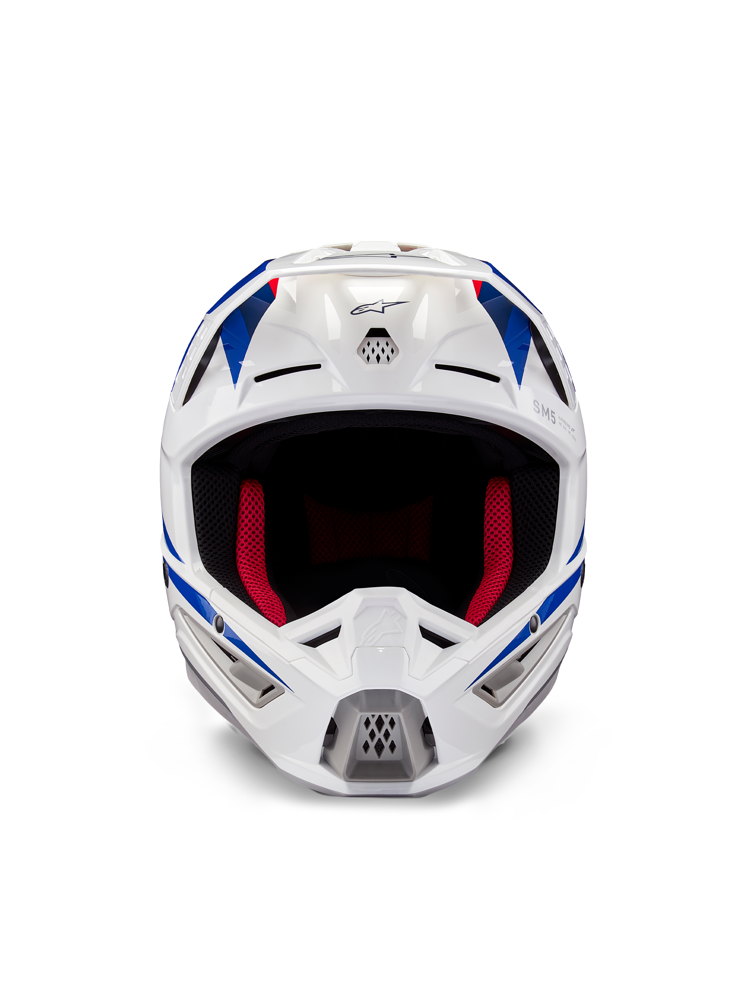 Alpinestars Honda S-M5 Helmet ECE, Motocross Helmet, White Blue and Red Glossy, front view showing ventilation ports and red inner padding, aerodynamic design for off-road racing protection