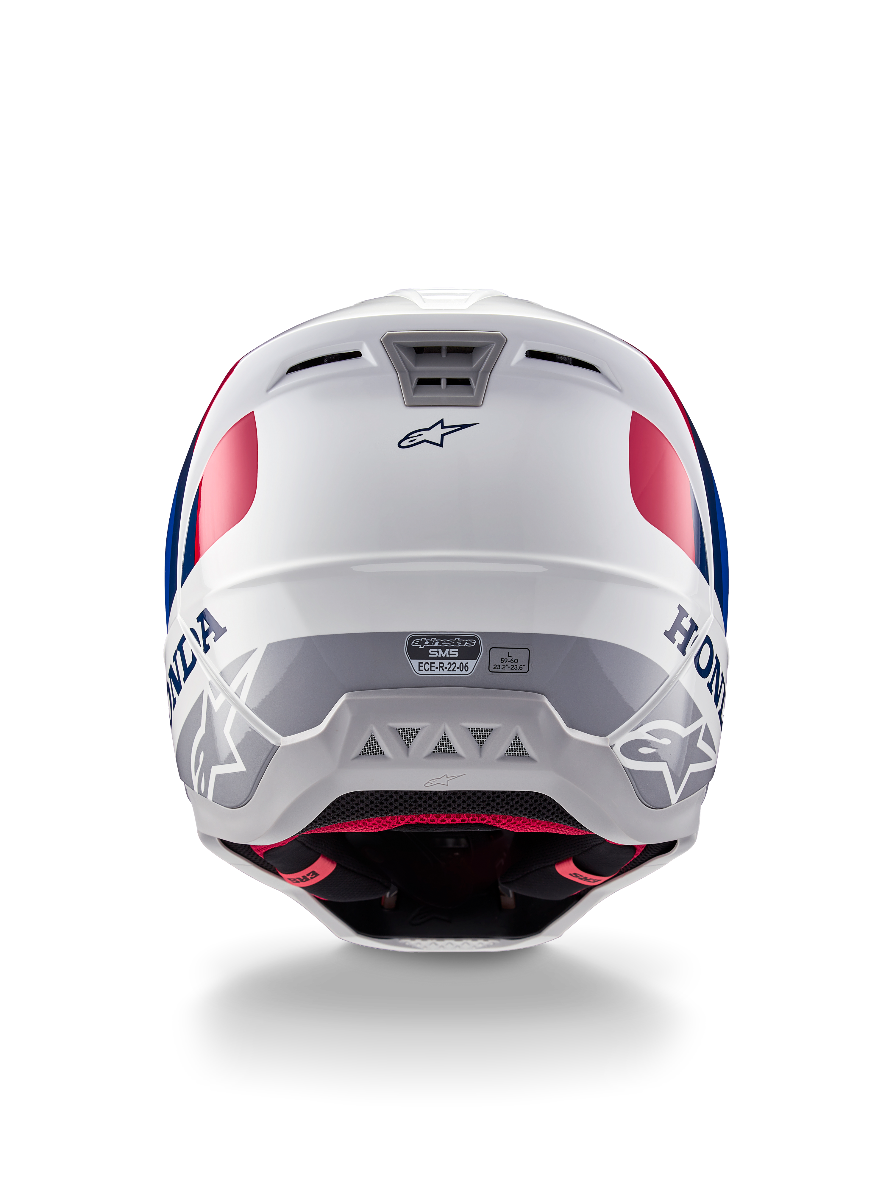 Alpinestars Honda S-M5 Helmet ECE, Motocross Helmet, White Blue and Red Glossy, Rear view showing Honda and Alpinestars branding, sleek shell with integrated ventilation exhaust ports and ECE certification label.
