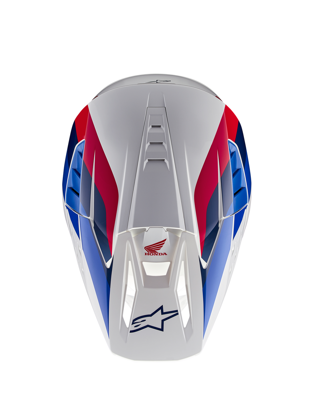 Alpinestars Honda S-M5 Helmet ECE, Motocross Helmet, White Blue and Red Glossy, top-down view highlighting ventilation channels, featuring red and blue graphics with Honda and Alpinestars logos