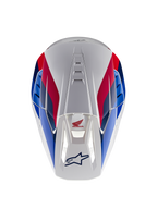 Alpinestars Honda S-M5 Helmet ECE, Motocross Helmet, White Blue and Red Glossy, top-down view highlighting ventilation channels, featuring red and blue graphics with Honda and Alpinestars logos