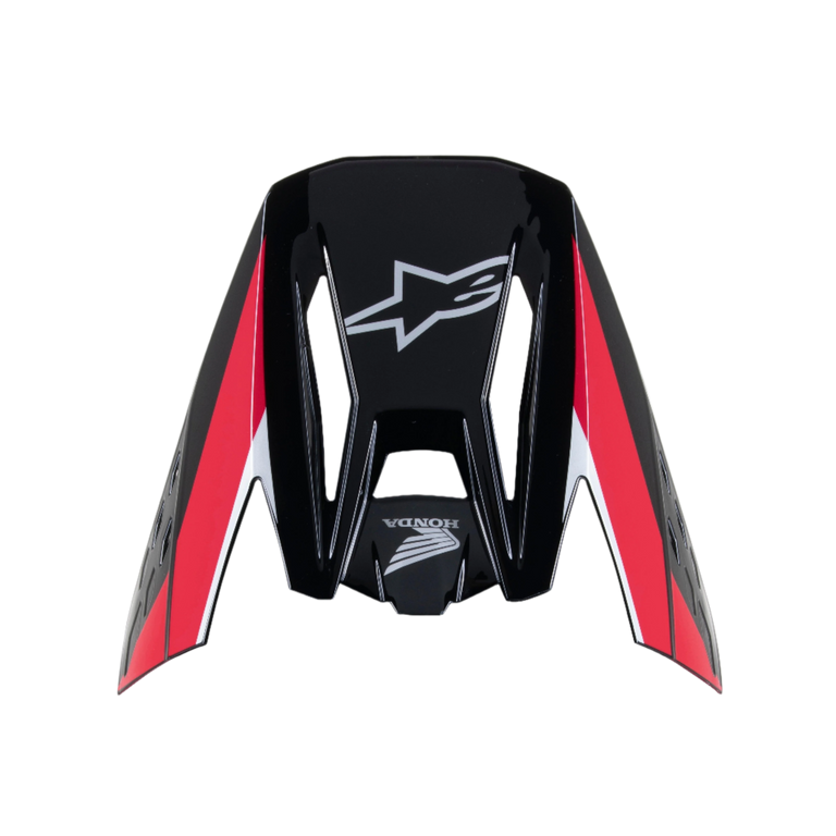 Alpinestars Honda S-M5 Visor, Black Red Glossy, motocross helmet replacement peak, featuring white Alpinestars and Honda logos, red and white graphic stripes, glossy finish for off-road riding