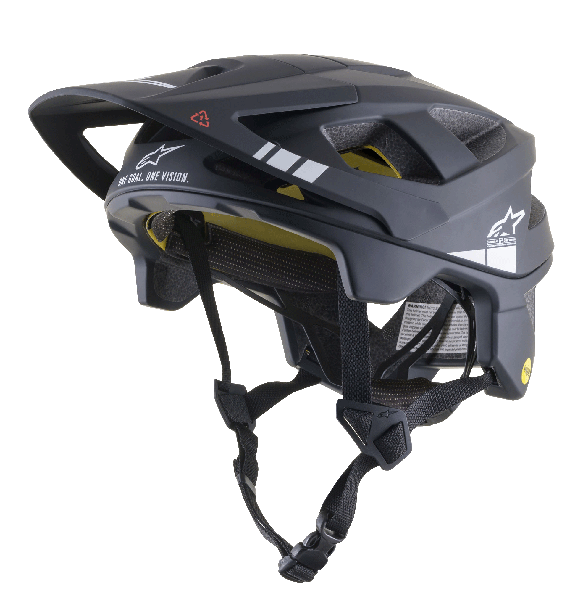 Alpinestars Vector Tech A1 MTB Helmet, Mountain Bike Helmet, Black and Light Gray Matt, white graphics and "ONE GOAL. ONE VISION." text, visible yellow MIPS inner lining, multiple ventilation openings, adjustable black straps with quick-release buckle, extended rear and side coverage, matte finish