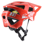 Alpinestars Vector Tech A2 MTB Helmet, Mountain Bike Helmet, Bright Red and Light Gray Glossy, featuring 19 ventilation openings, white logo branding, yellow MIPS liner, and adjustable black chin strap, durable and lightweight for off-road protection
