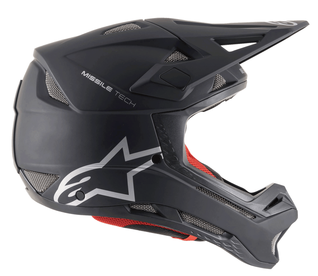 Alpinestars Missile Tech Solid Helmet in Black Matt, full-face downhill MTB helmet featuring mesh vents and silver logo.