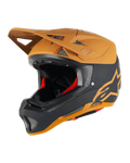 Alpinestars Missile Tech Racer Helmet, Full-Face MTB Helmet, Black and Dark Gold Matt, matte finish with gold star logo, red interior padding, silver mesh vents for airflow, angular visor, downhill mountain bike protection gear