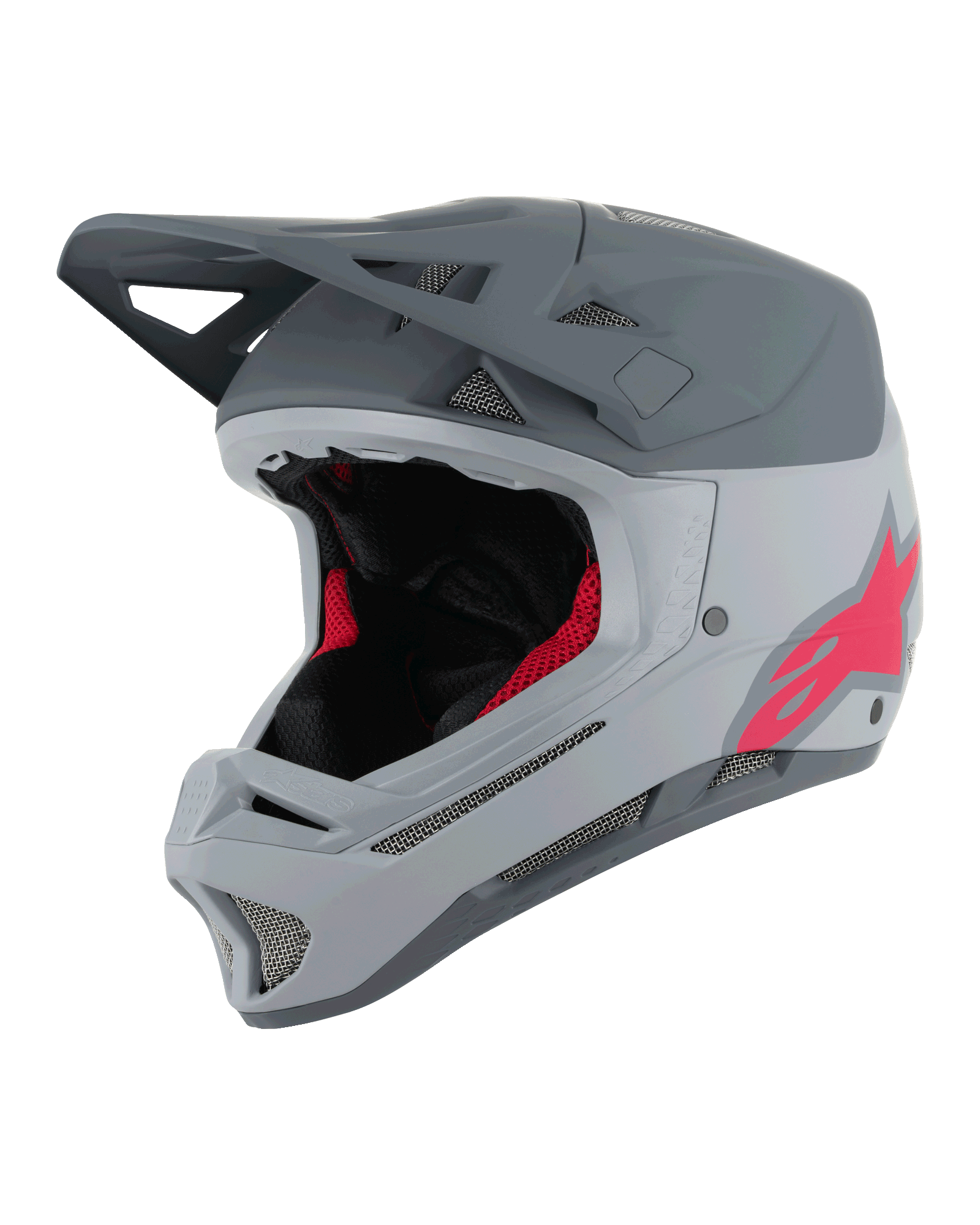 Alpinestars Missile Tech Racer Helmet, Full-Face MTB Helmet, Light Gray and Dark Gray Matte with Pink Astars Logo, Aerodynamic Visor, Multiple Mesh Vents, Black and Red Interior Padding, Downhill Mountain Biking Gear