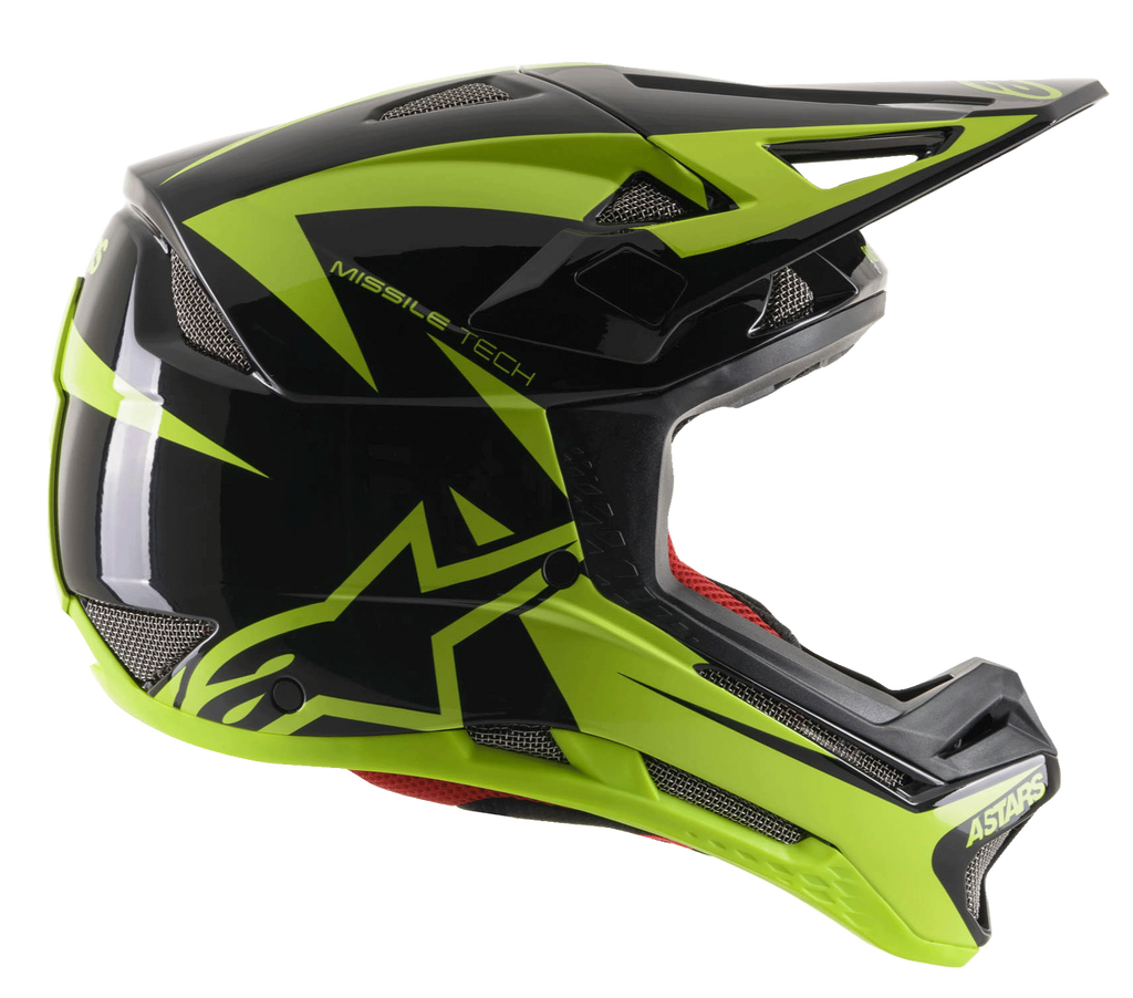 Alpinestars Missile Tech-Air Full Face Helmet, Downhill MTB Helmet, Black and Yellow Fluo Glossy, side profile view featuring aerodynamic mesh vents, large fluorescent yellow star logo and MISSILE TECH branding, red inner lining, sleek performance design for mountain biking