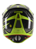 Alpinestars Missile Tech-Air Full Face Helmet, Rear View, Black and Yellow Fluo Glossy, featuring ASTARS branding and MIPS logo, aerodynamic design with multiple mesh-covered ventilation ports