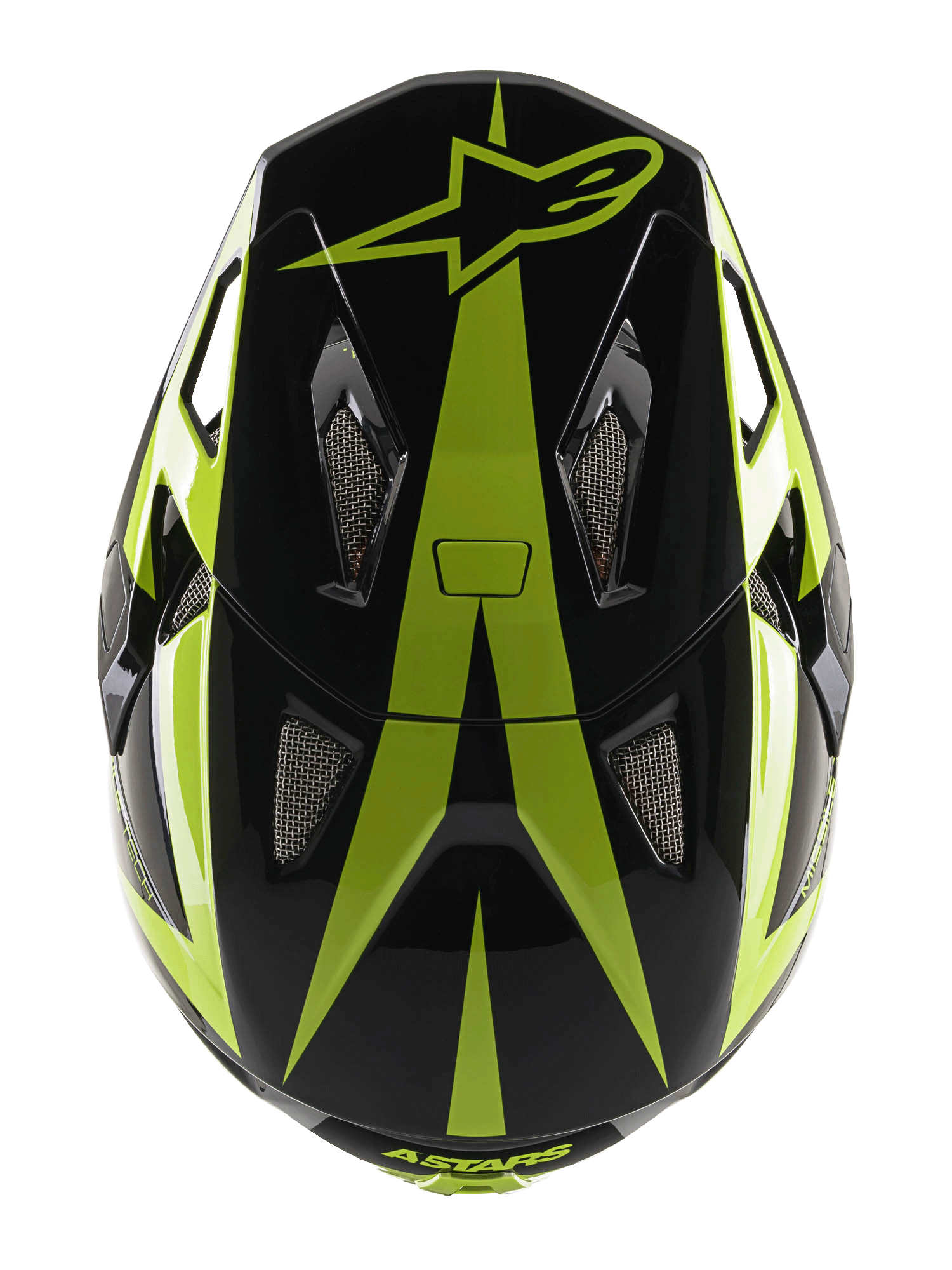 Alpinestars Missile Tech-Air Full Face Helmet, MTB Helmet, Black and Yellow Fluo Glossy, top-down view showing star logo and mesh ventilation vents