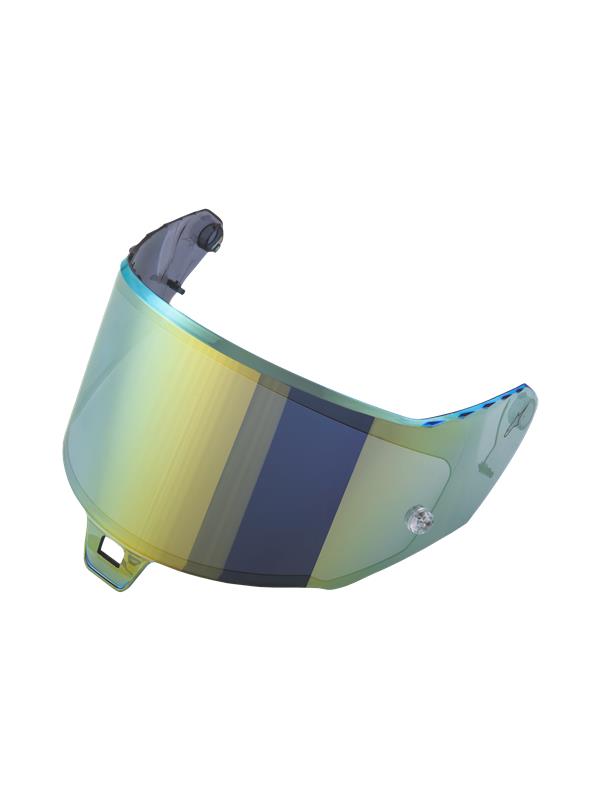 Alpinestars Supertech R10 AFHS-01 Shield, Motorcycle Helmet Visor, Dark Gold Mirror, sleek curved design with iridescent gold and blue-green mirrored finish, clear side pivot attachments for easy installation