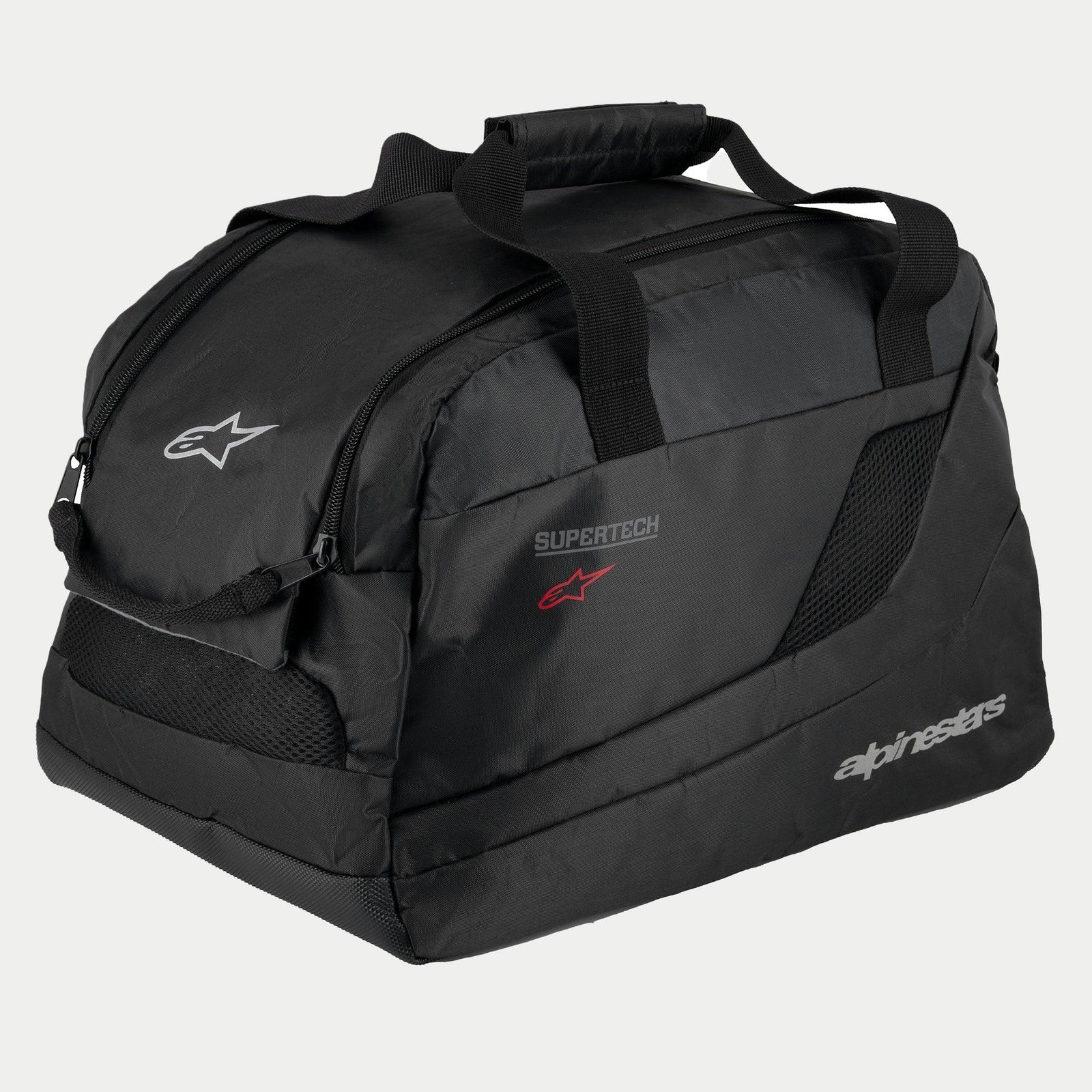 Alpinestars Supertech R10 Helmet Bag, Black, padded semi-rigid construction for motorcycle helmets, featuring carry handles with hook and loop closure, zippered opening, mesh ventilation panels, and reflective Alpinestars and Supertech logos