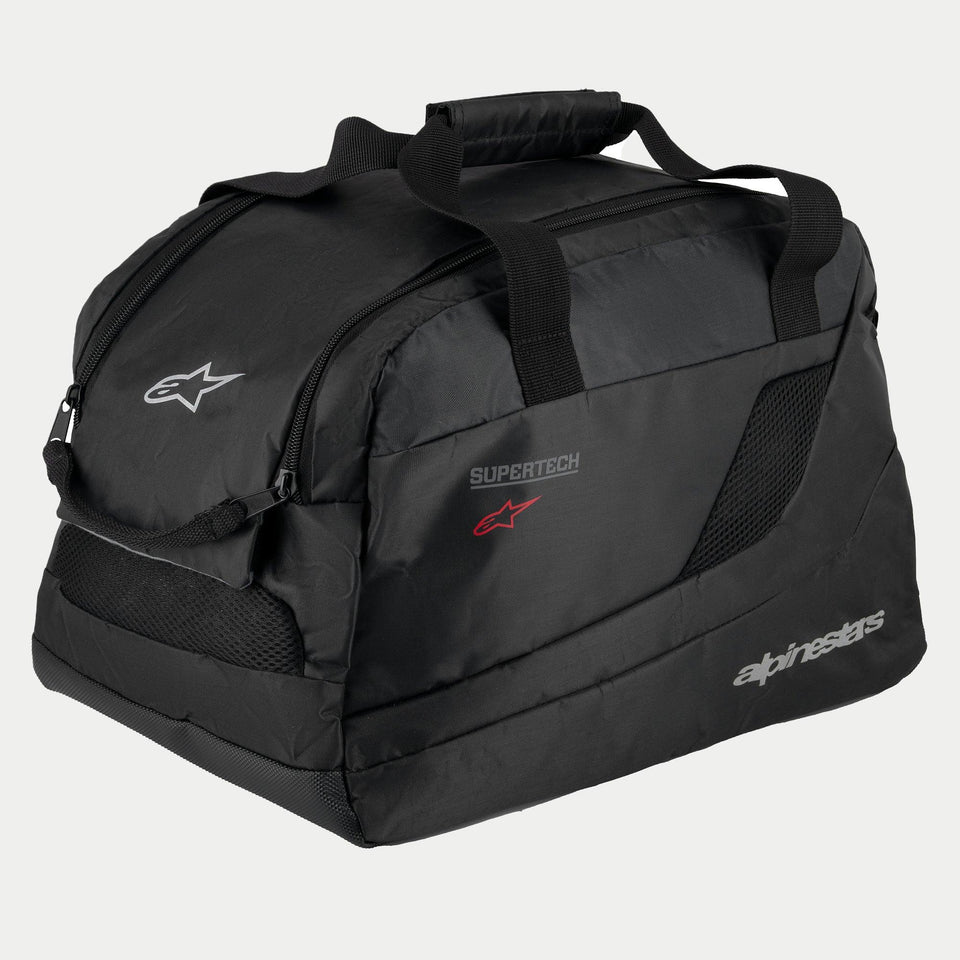 Alpinestars Supertech R10 Helmet Bag, Black, padded semi-rigid construction for motorcycle helmets, featuring carry handles with hook and loop closure, zippered opening, mesh ventilation panels, and reflective Alpinestars and Supertech logos
