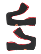 Alpinestars S-M5 Cheek Pad Set +5 mm, replacement helmet interior padding, black fabric with red mesh trim, ergonomic curved design, helmet accessory for motocross and off-road riding