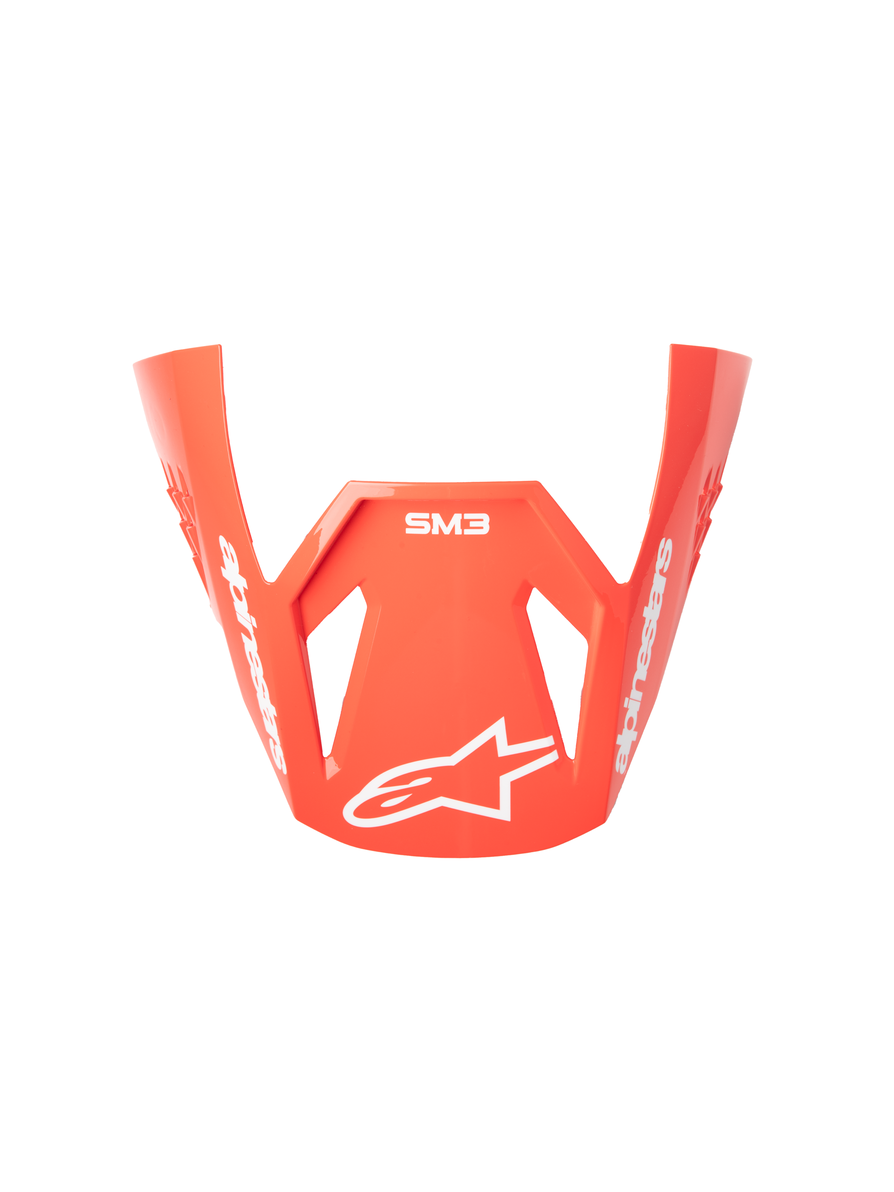 Alpinestars S-M3 Radium Helmet Visor, Motorcycle Racing Helmet Peak, Red Fluo, Glossy Finish, featuring white Alpinestars branding and star logo, angular aerodynamic design for off-road motocross use