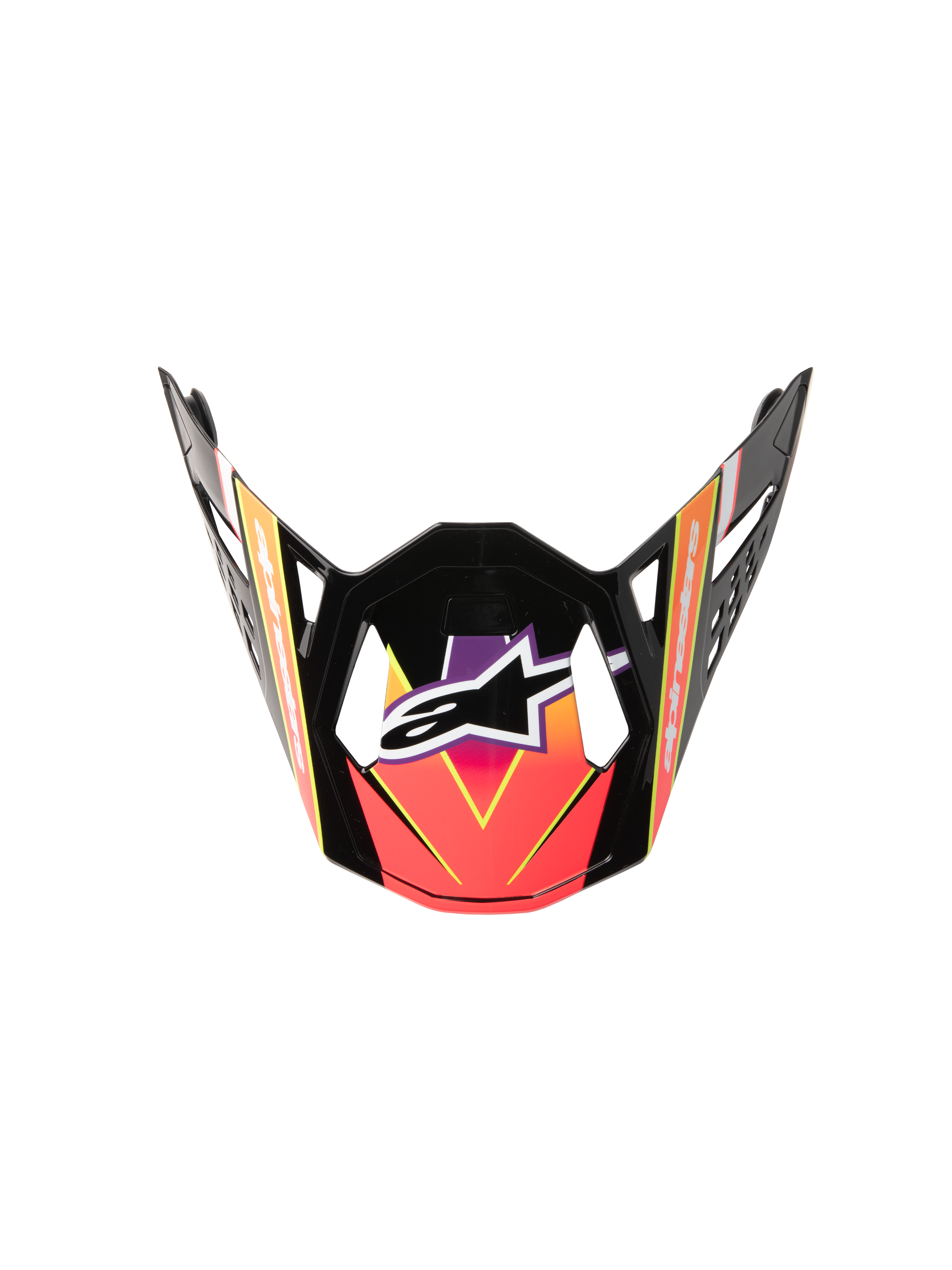 Alpinestars Supertech M10 Era Visor, Motocross Helmet Visor, Pink Violet and Yellow Fluo Glossy gradient, glossy black frame, angular aerodynamic shape with centered white logo, official replacement peak for off-road racing