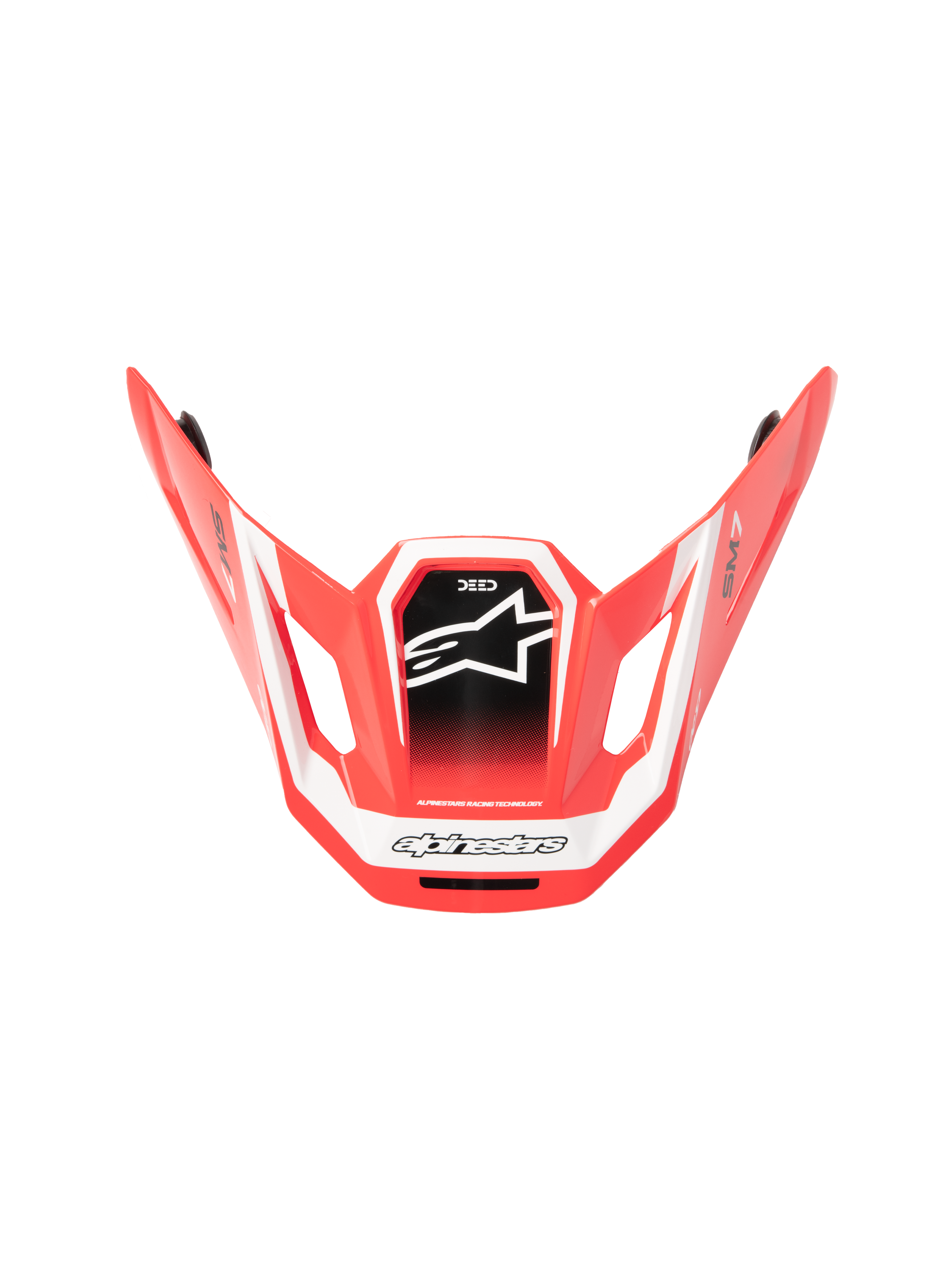 Alpinestars S-M7 Deed ECE06 Visor, MX Helmet Visor, Red Black and White Glossy, angular aerodynamic design with white star logo on black central panel, featuring SM7 and Deed branding, glossy finish for off-road performance