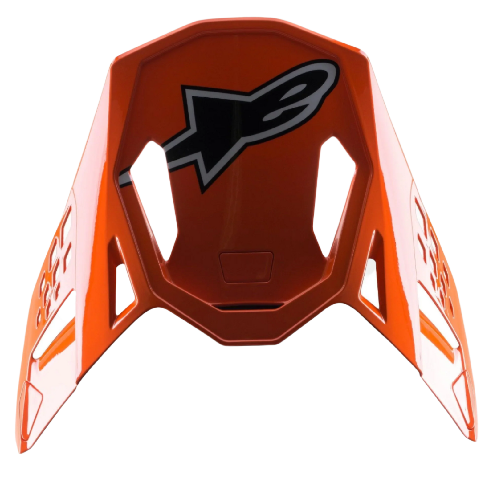 Alpinestars S-M8 Factory Visor, Motocross Helmet Accessory, Glossy Orange with large black and white Alpinestars logo, aerodynamic ventilation cutouts, replacement peak for Supertech M8 helmets
