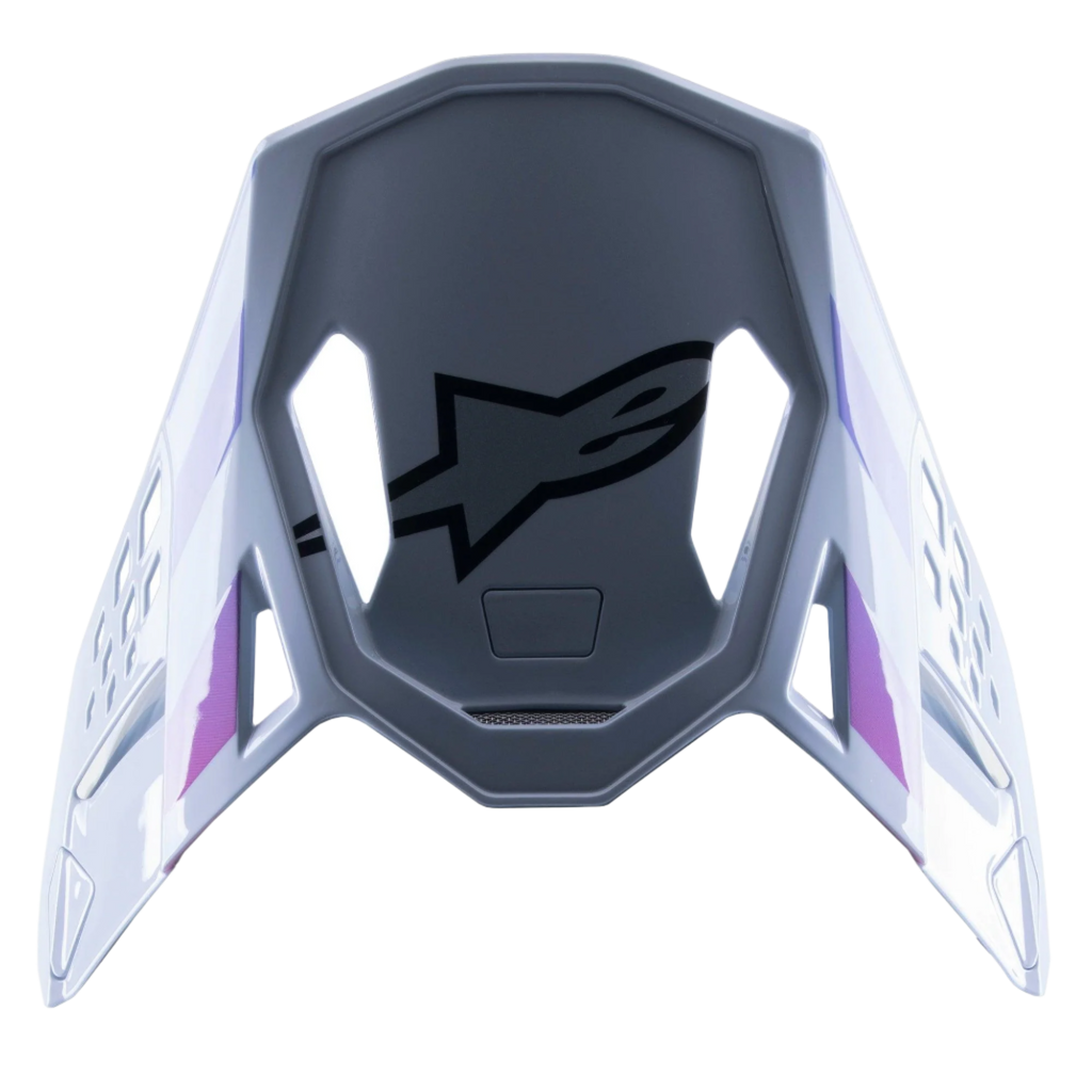 Alpinestars Supertech M10 Daytona 23 LE Visor, replacement motocross helmet peak, Haze Gray with Orange Fluo and Rhodamine accents, aerodynamic design featuring snap-on fitment and black Alpinestars logo on the underside