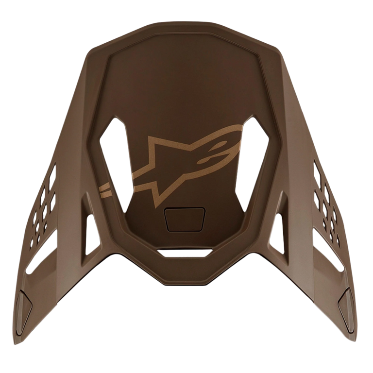 Alpinestars Supertech M10 Squad 23 LE Visor, Motocross Helmet Replacement Peak, Dark Brown and Kangaroo Gold, featuring a central gold Alpinestars logo and aerodynamic ventilation cutouts