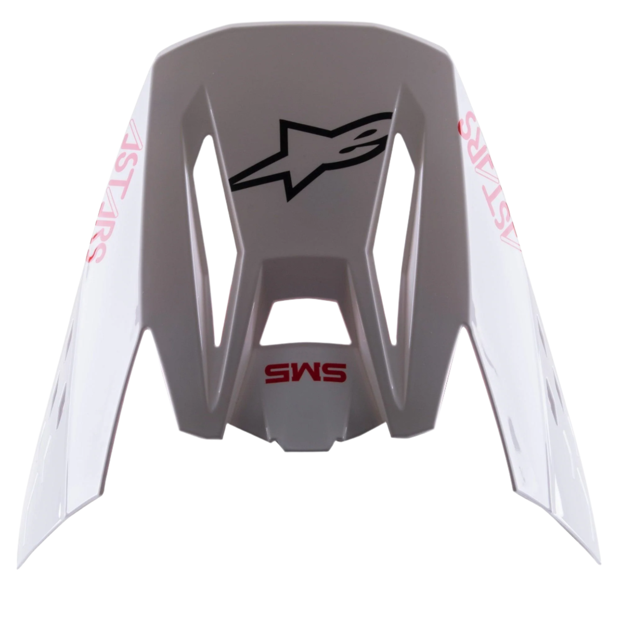Alpinestars S-M5 Bond White Red Glossy Visor, replacement motocross helmet peak, featuring a glossy white finish with red 'SM5' and 'ASTARS' branding, central black star logo, snap-on accessory for off-road racing gear