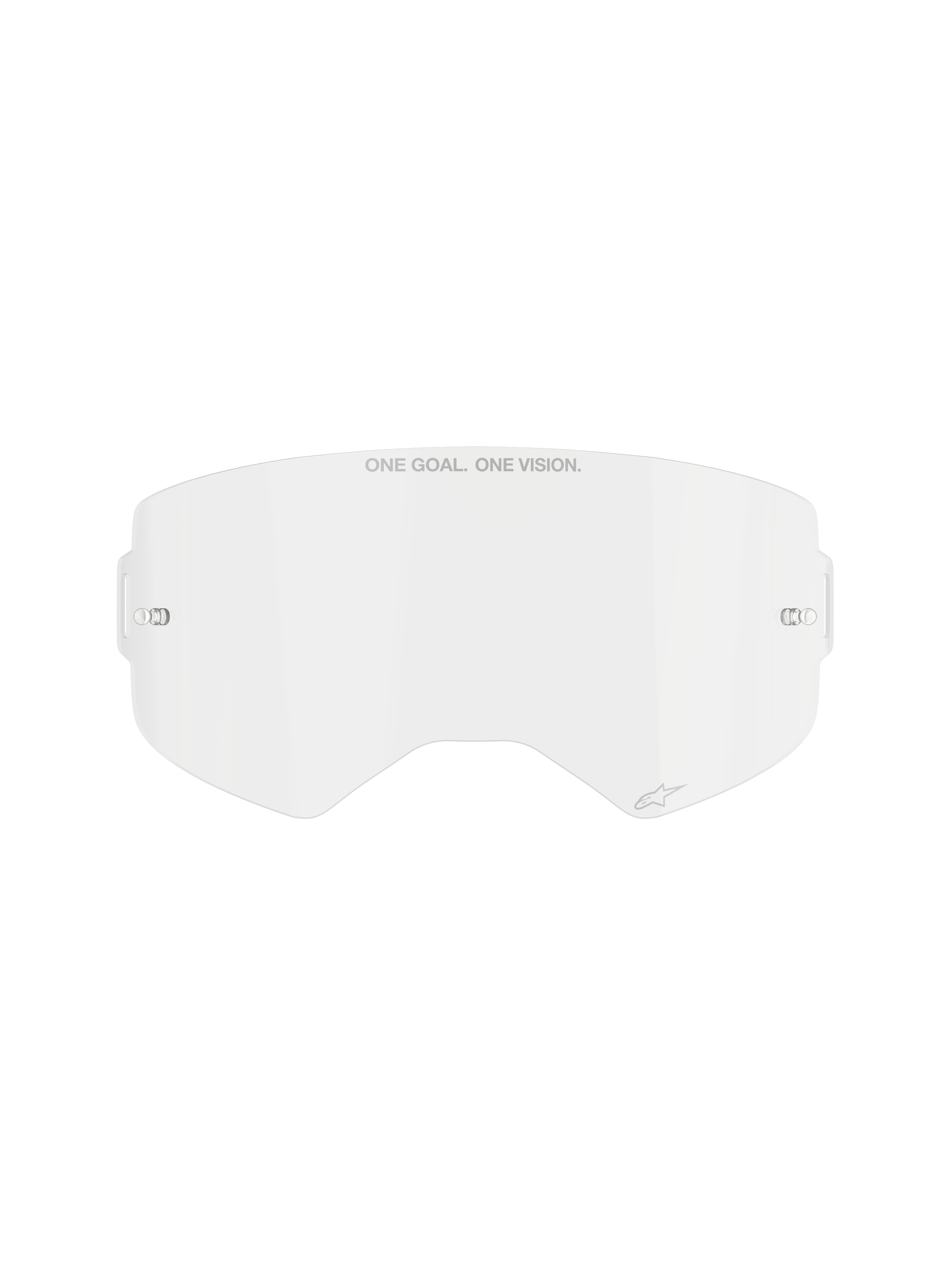 Alpinestars Supertech Clear Lens, replacement motocross goggle lens, transparent impact-resistant polycarbonate, "ONE GOAL. ONE VISION." text on top and small logo detail, features side mounting points for tear-offs