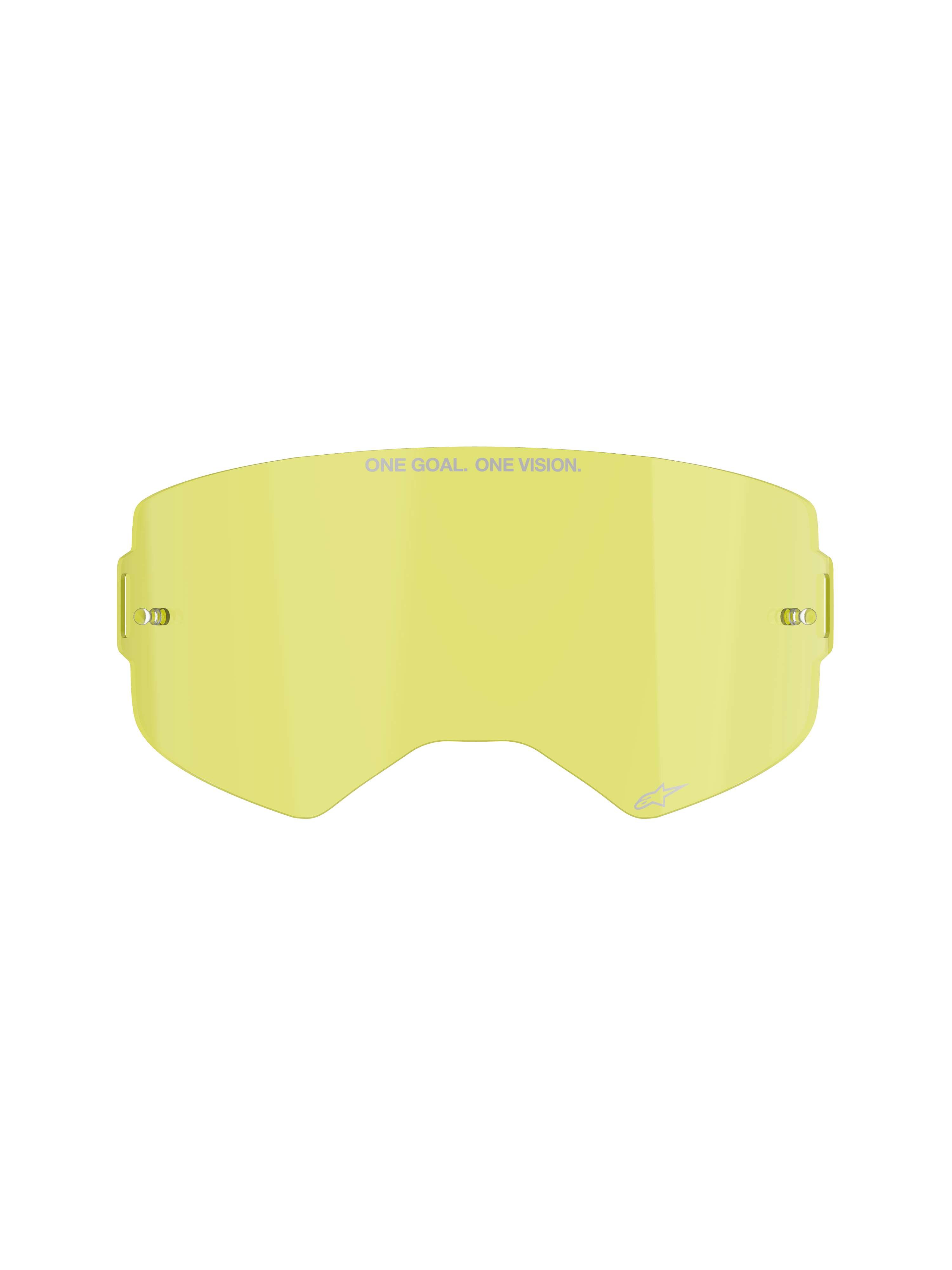 Alpinestars Supertech Clear Lens, Motocross Goggle Replacement Lens, Yellow tint, featuring "ONE GOAL. ONE VISION." branding, integrated tear-off posts, transparent impact-resistant polycarbonate construction.