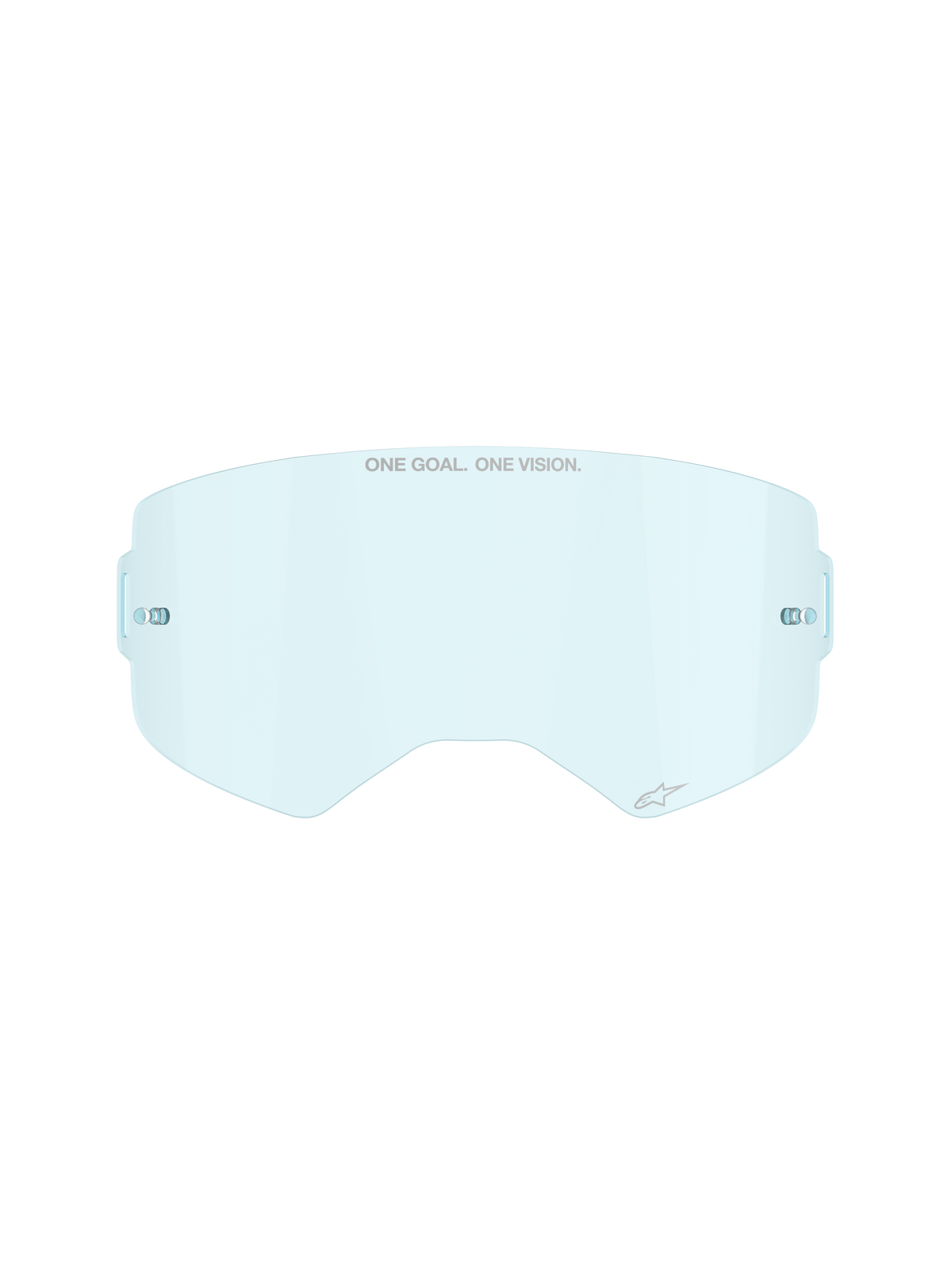 Alpinestars Supertech Clear Lens in Clear Blue, replacement lens for motocross goggles, featuring ONE GOAL ONE VISION branding and integrated tear-off posts, curved impact-resistant polycarbonate design