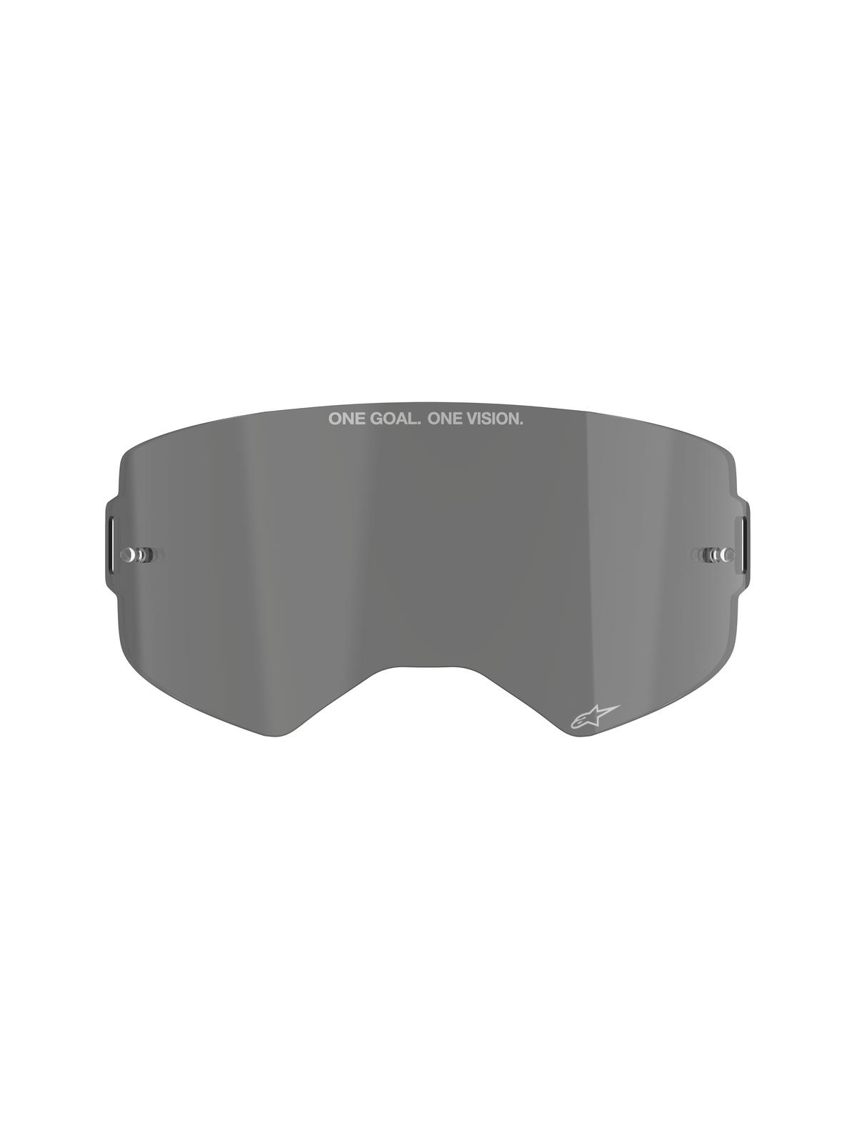 Alpinestars Supertech Smoke Lens, Dark Smoke replacement lens for motocross goggles, curved injection-molded polycarbonate shield with tear-off posts, featuring 'ONE GOAL. ONE VISION.' branding and Alpinestars star logo