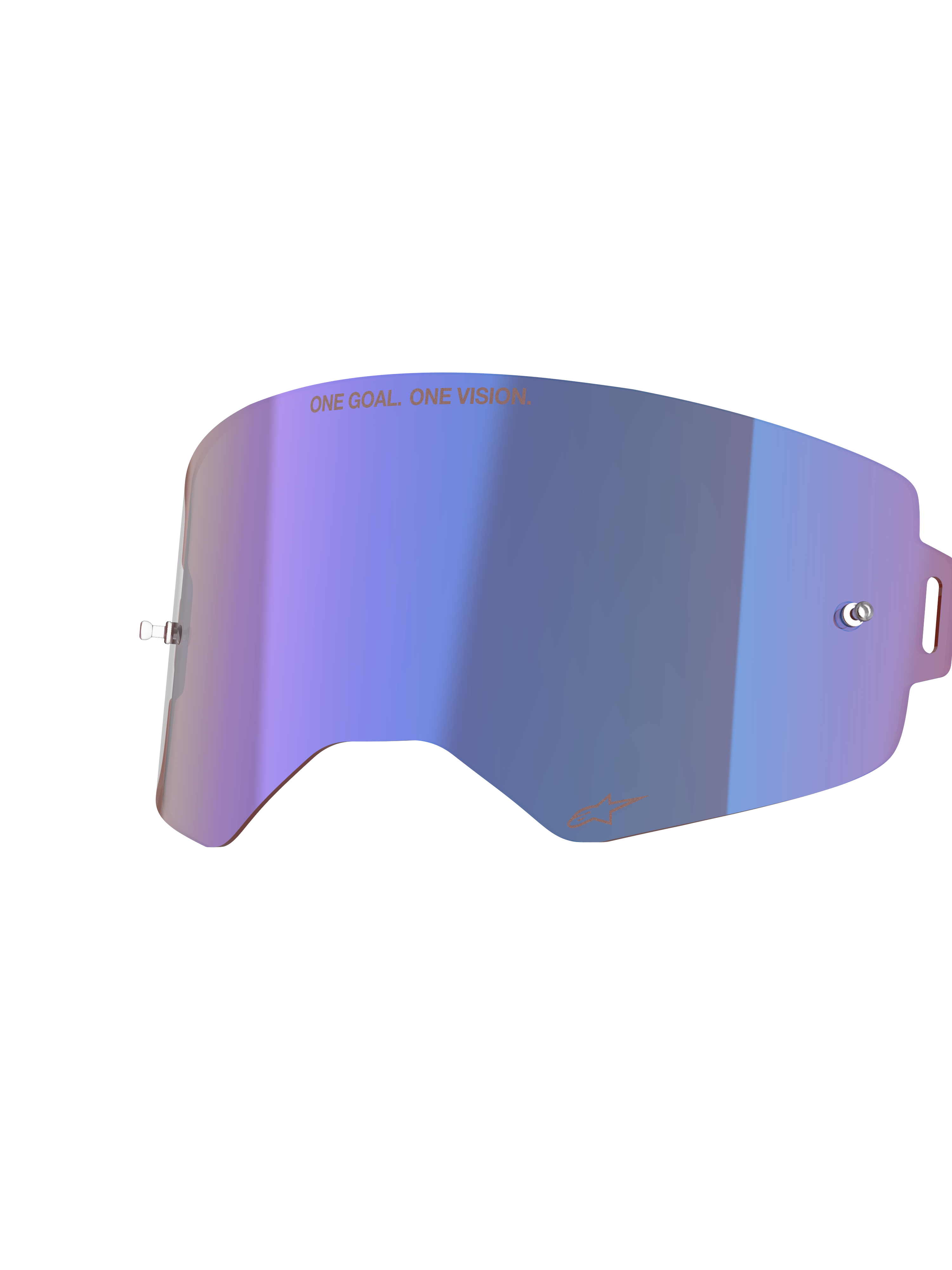 Alpinestars Supertech Mirror Lens, Motocross Goggle Replacement Lens, Mirror Blue with purple iridescent finish, featuring integrated tear-off posts, "ONE GOAL. ONE VISION." text at the top, and Alpinestars logo at the bottom, high-clarity polycarbonate for off-road racing