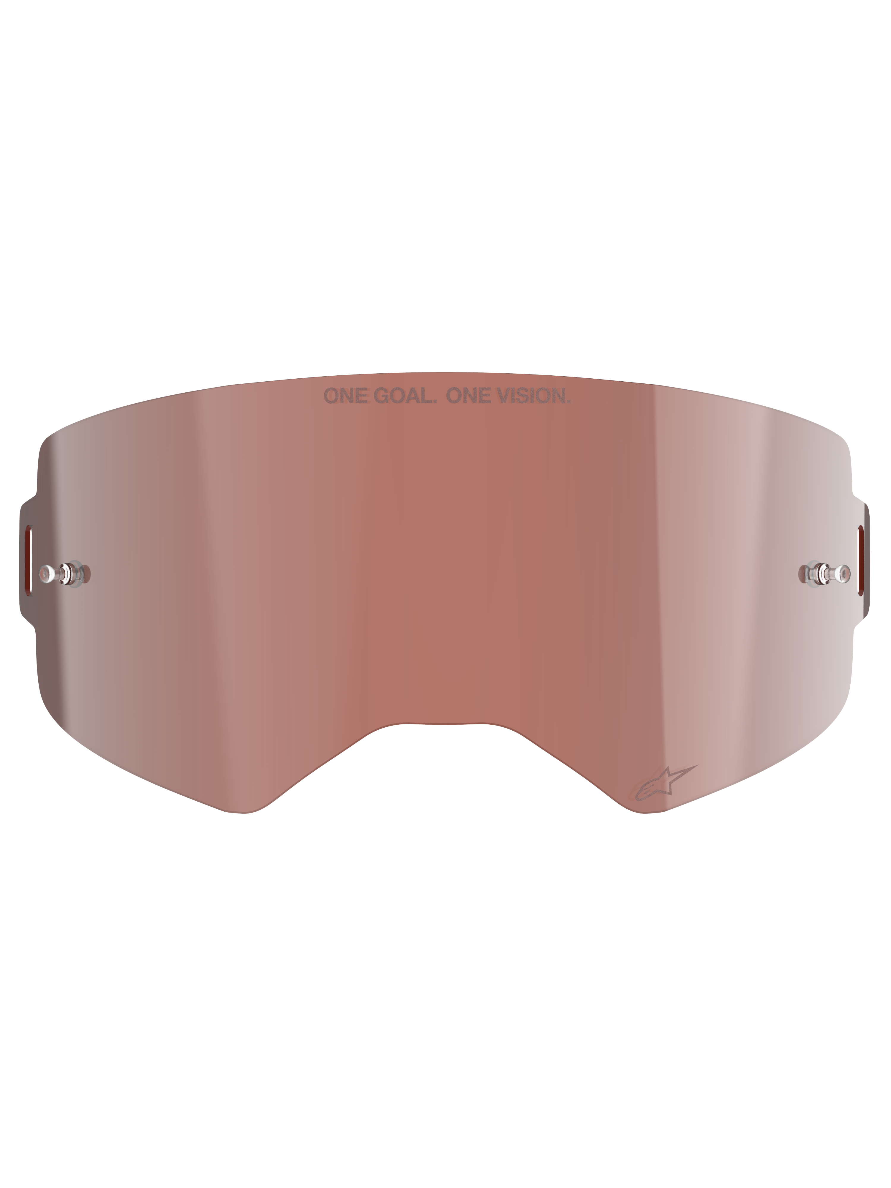 Alpinestars Supertech Mirror Lens, Motocross Goggle Replacement, Mirror Silver with reddish-brown Absolute Vision™ tint, reflective surface with integrated tear-off posts, 'ONE GOAL. ONE VISION.' engraving and Alpinestars logo