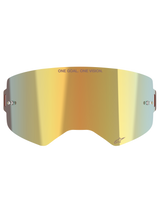 Alpinestars Supertech Mirror Lens, Motocross Goggle Replacement Lens, Mirror Gold finish, featuring 'ONE GOAL. ONE VISION.' text and Alpinestars logo, includes side tear-off posts, durable polycarbonate for off-road racing