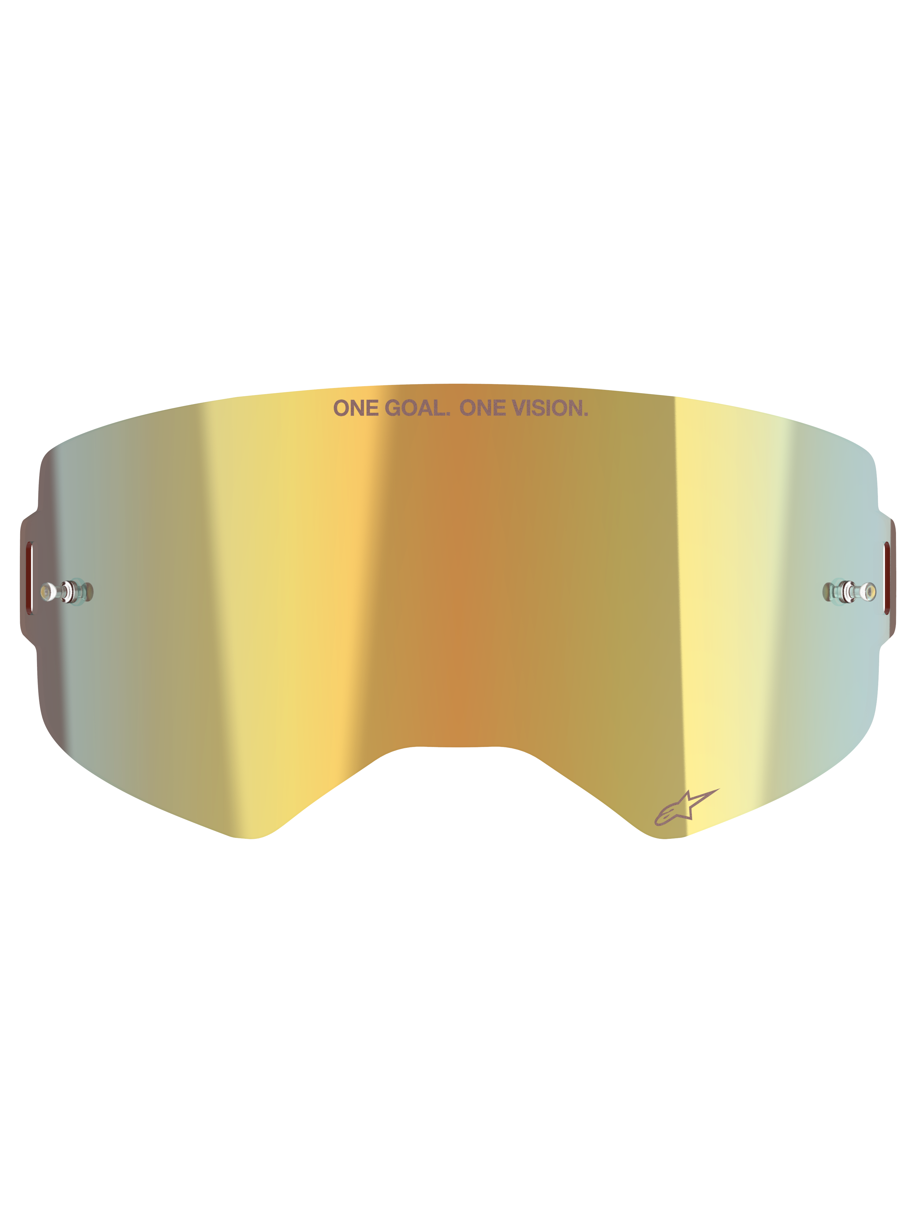 Alpinestars Supertech Mirror Lens, Motocross Goggle Replacement Lens, Mirror Gold finish, featuring 'ONE GOAL. ONE VISION.' text and Alpinestars logo, includes side tear-off posts, durable polycarbonate for off-road racing
