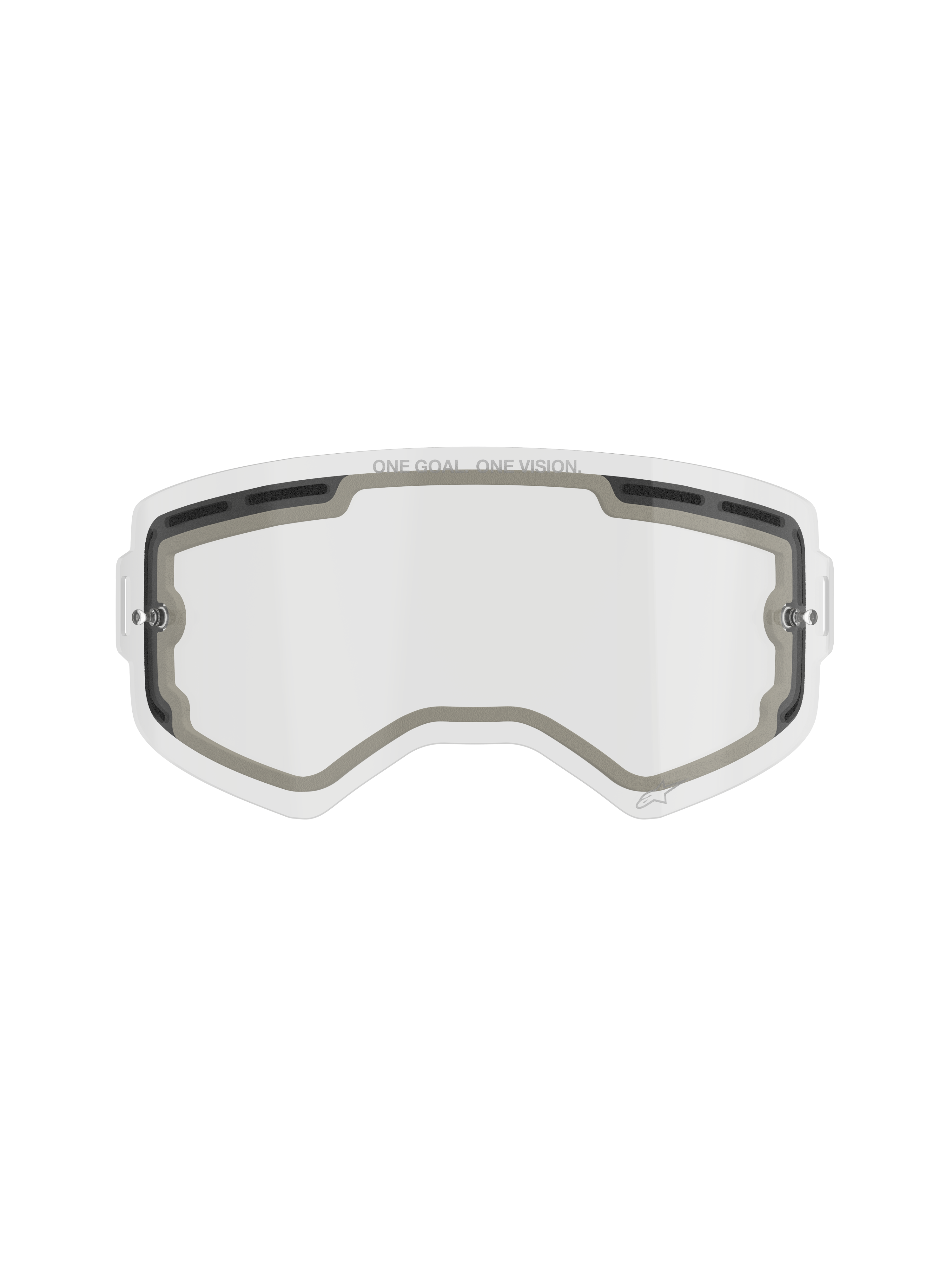Alpinestars Supertech Double Pane Lens, Motocross Goggle Replacement Lens, Clear, vented design with grey foam seals, featuring 'ONE GOAL. ONE VISION.' branding on the top edge, curved anti-fog polycarbonate for off-road use.