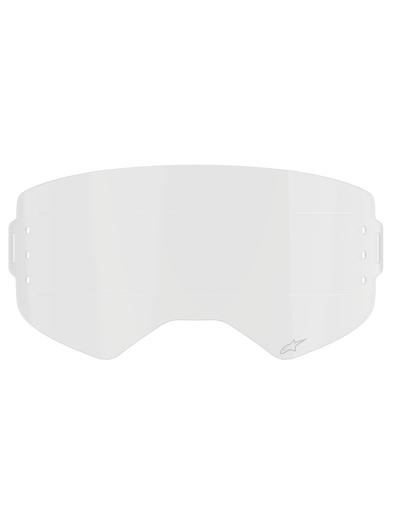 Alpinestars Supertech Roll Off Film, Clear Replacement Goggle Lens, transparent injection-molded polycarbonate with horizontal Glide Lines, featuring subtle Alpinestars logo, designed for motocross roll-off systems