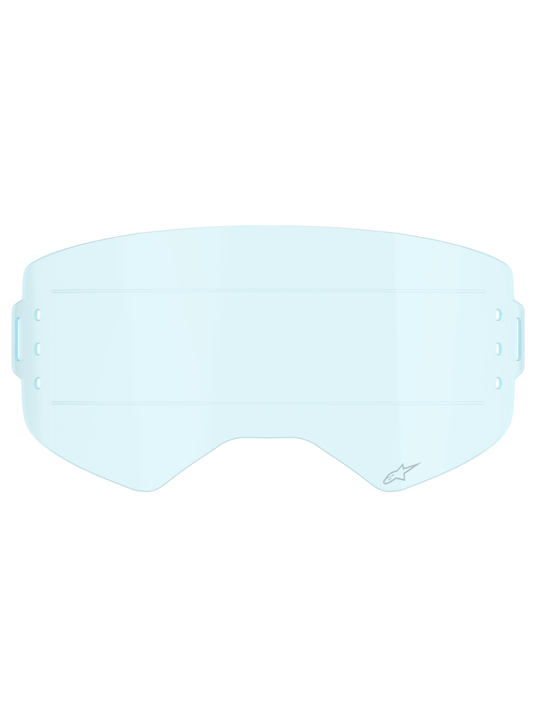 Alpinestars Supertech Roll Off Lens, Motocross Goggle Accessory, Clear Blue, transparent light blue polycarbonate lens featuring horizontal glide lines for smooth film movement and side mounting slots for roll-off systems.